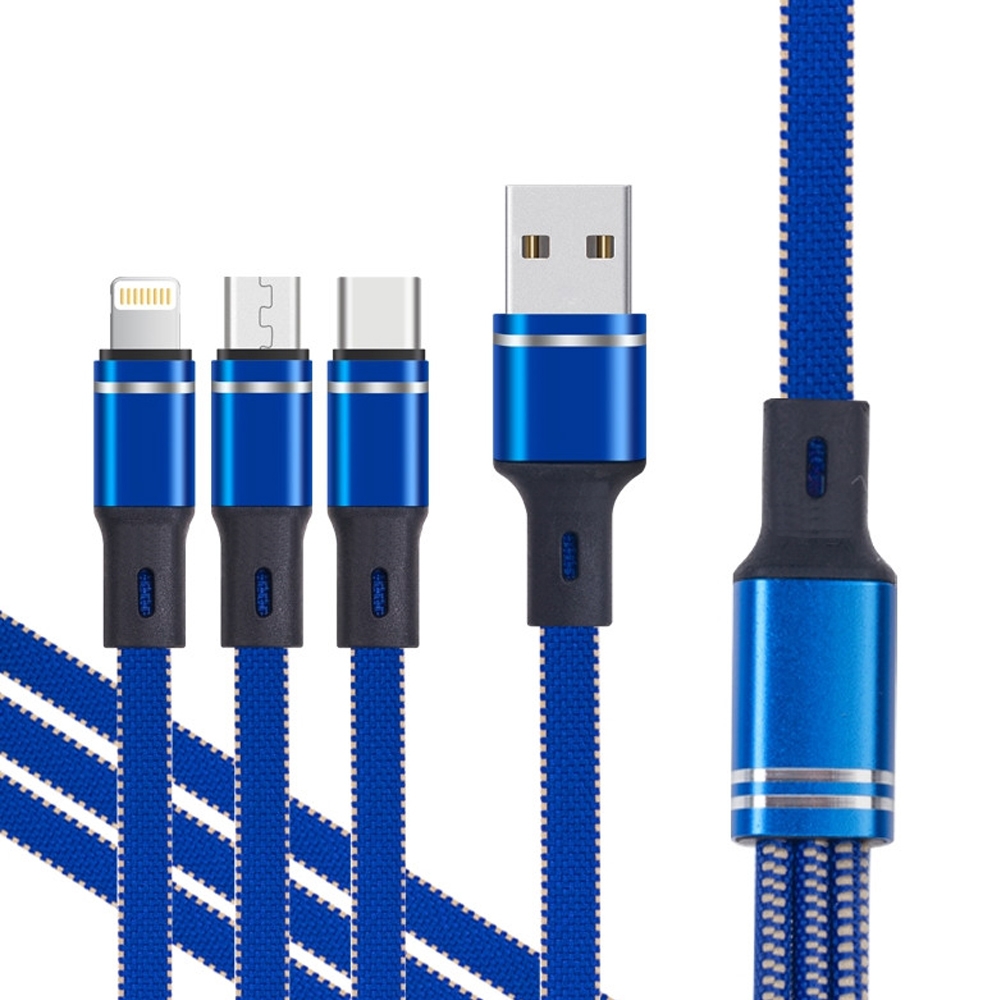 XJ-76 40W 5A 3 in 1 USB to 8 Pin + Type-C + Micro USB Super Flash Charging Cable, Length: 1.18m(Blue) - Shopkiz.com