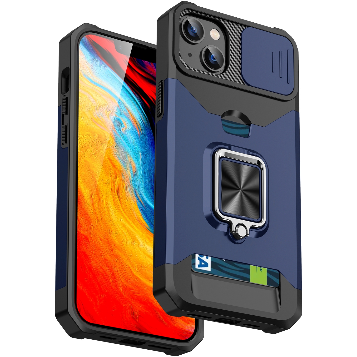 For iPhone 14 Sliding Camshield Card Slot Ring Kickstand Phone Case (Blue) - Shopkiz.com