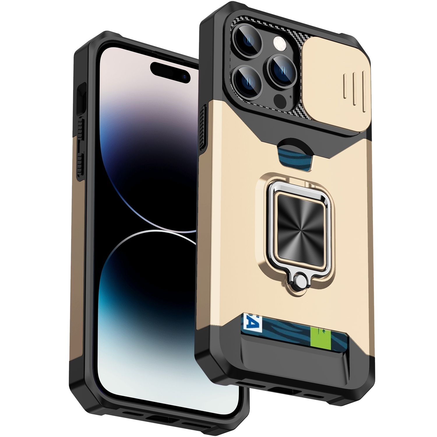 For iPhone 14 Pro Max Sliding Camshield Card Slot Ring Kickstand Phone Case (Gold) - Shopkiz.com