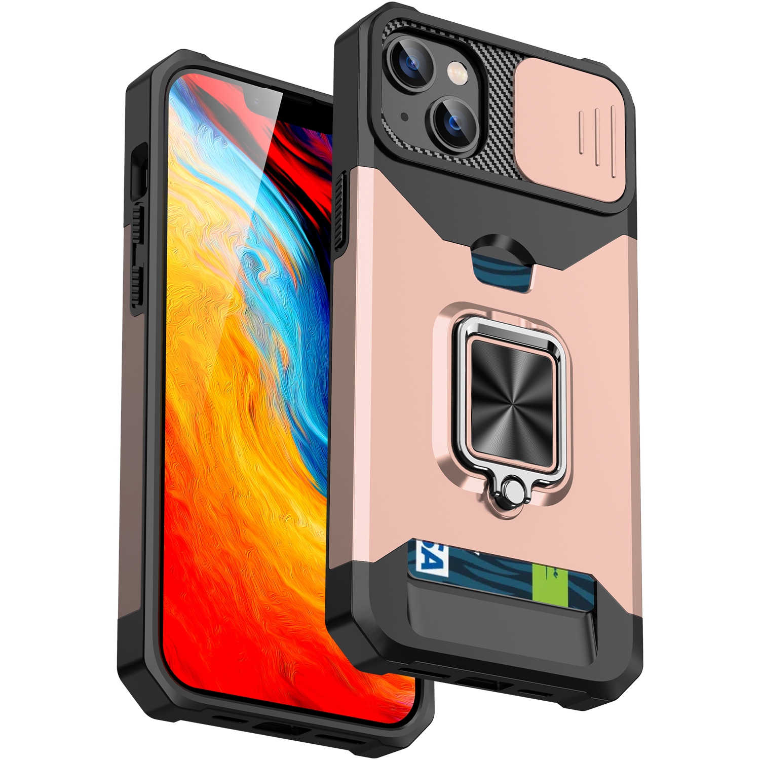 For iPhone 14 Plus Sliding Camshield Card Slot Ring Kickstand Phone Case (Rose Gold) - Shopkiz.com