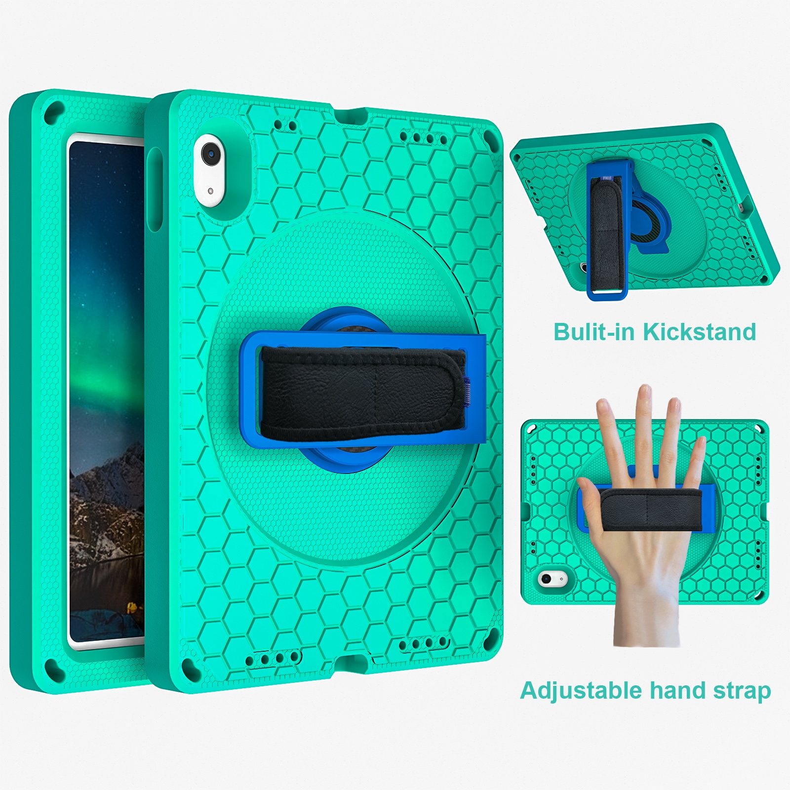 For iPad 2025 / 2022 360 Rotation Stand EVA Hard PC Tablet Case with Strap(Glacier+Blue) - Shopkiz.com
