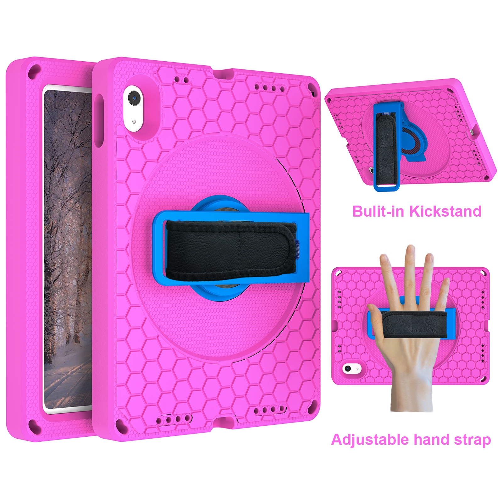 For iPad 2025 / 2022 360 Rotation Stand EVA Hard PC Tablet Case with Strap(Rose+Blue) - Shopkiz.com