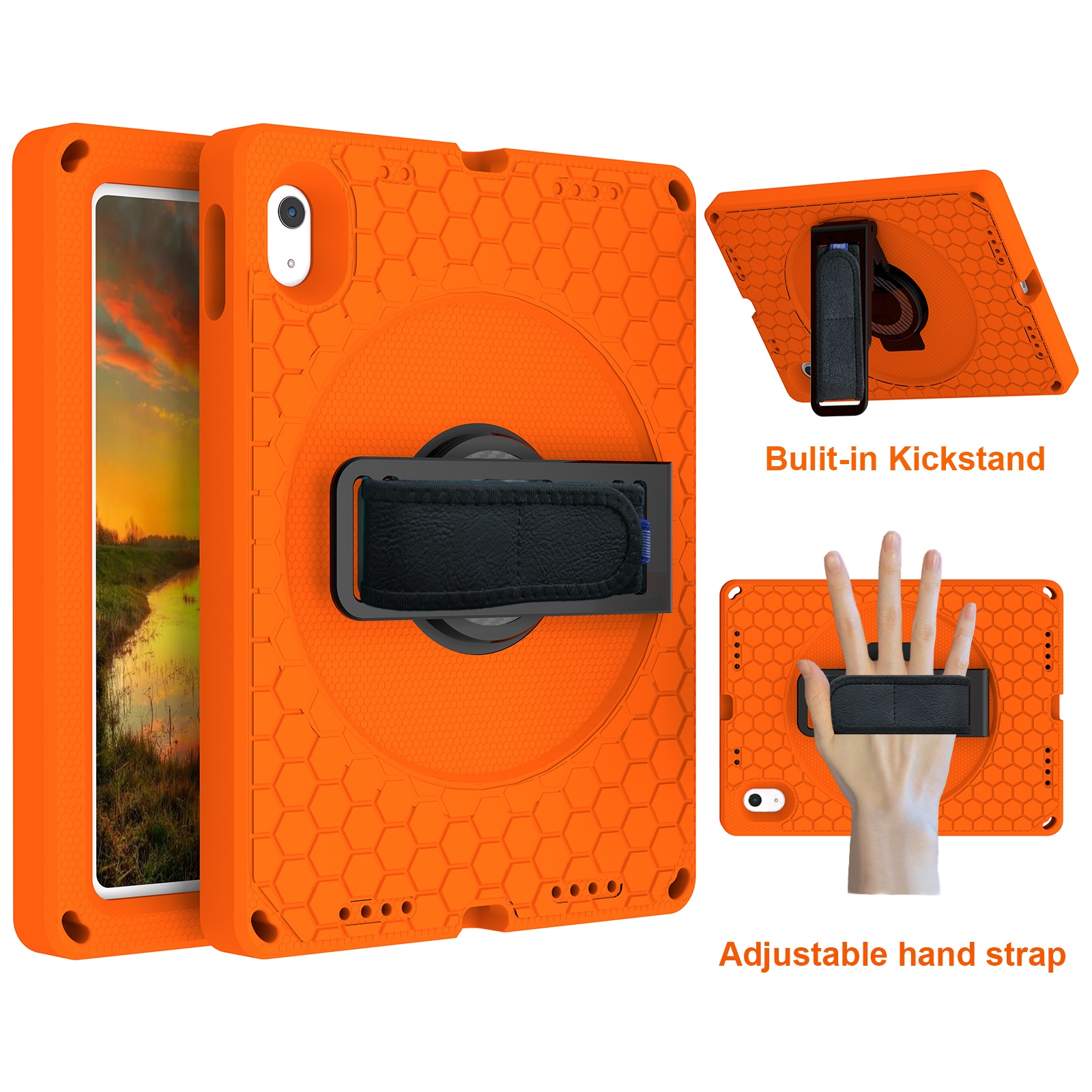 For iPad 2025 / 2022 360 Rotation Stand EVA Hard PC Tablet Case with Strap(Orange+Black) - Shopkiz.com