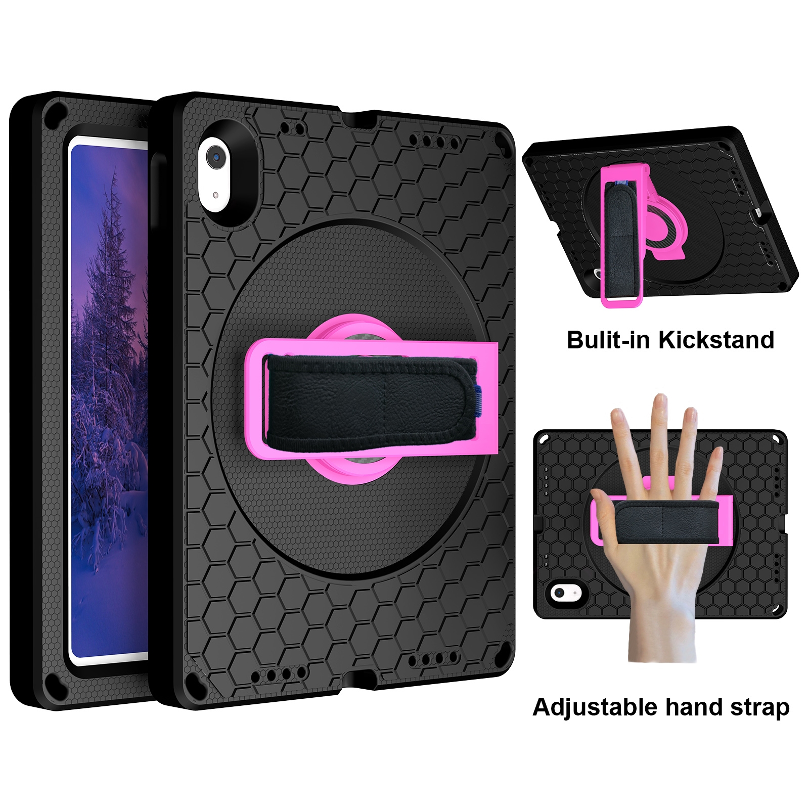 For iPad 2025 / 2022 360 Rotation Stand EVA Hard PC Tablet Case with Strap(Black+Rose) - Shopkiz.com