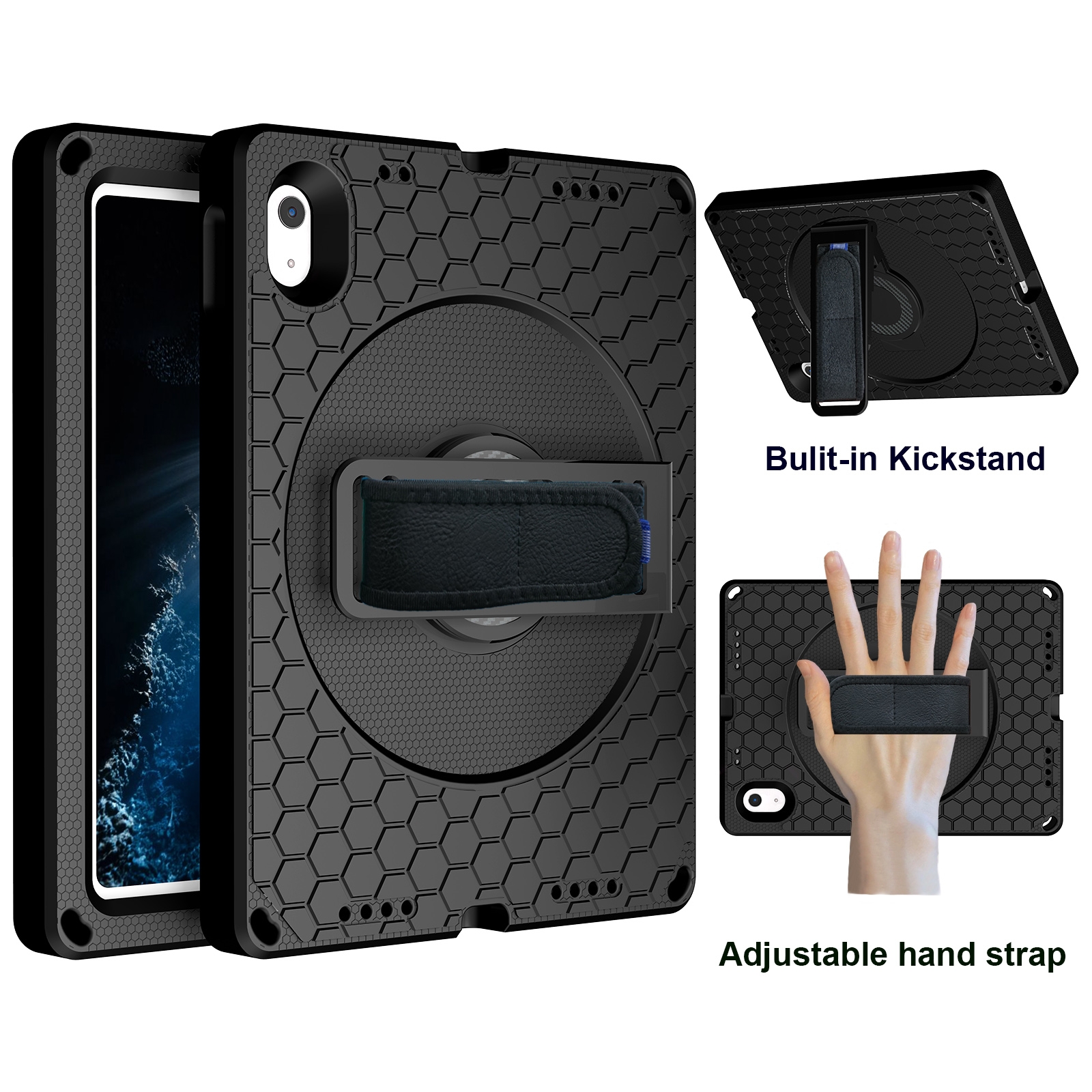 For iPad 2025 / 2022 360 Rotation Stand EVA Hard PC Tablet Case with Strap(Black) - Shopkiz.com