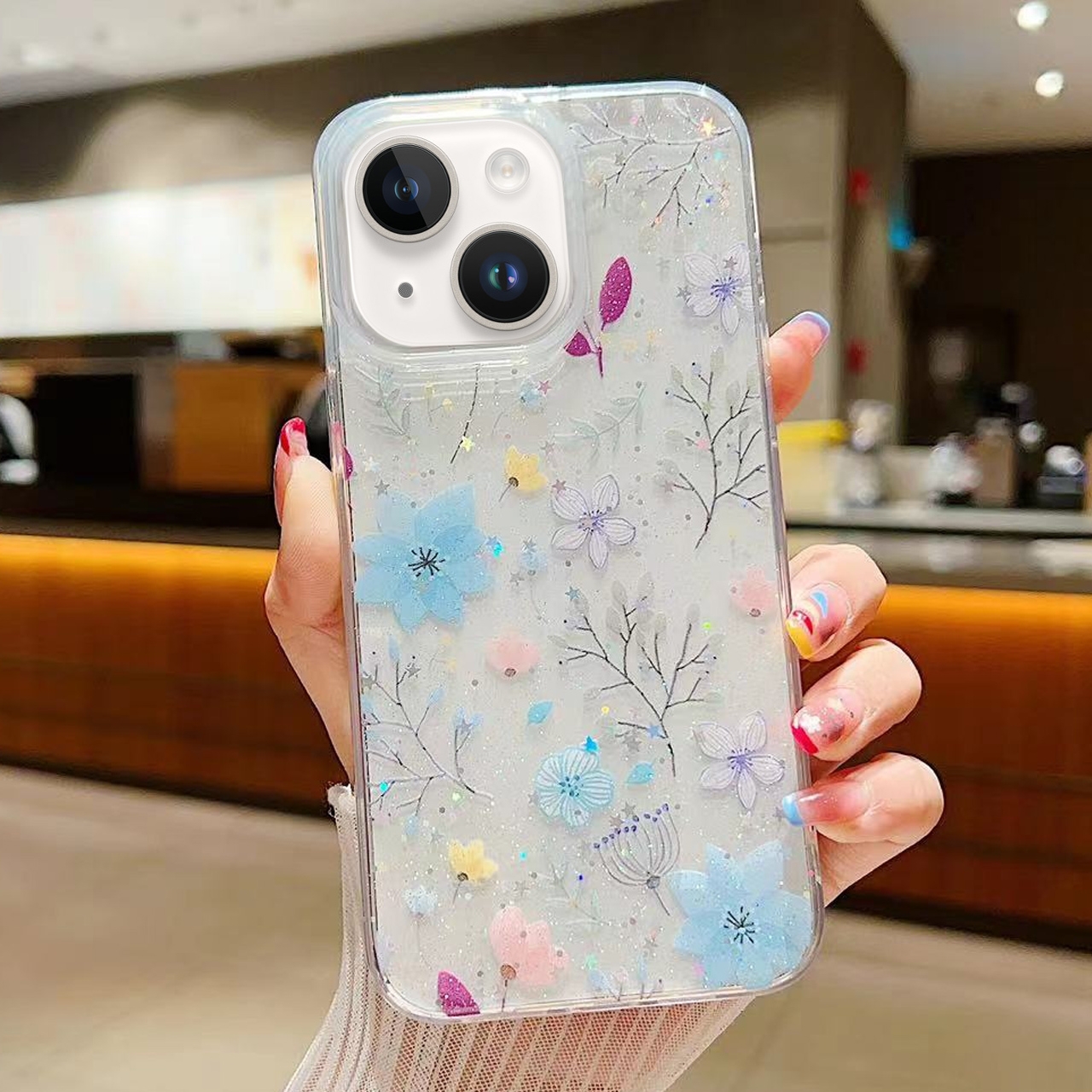 For iPhone 14 Plus Fresh Small Floral Epoxy TPU Phone Case(D05 Blue Floral) - Shopkiz.com