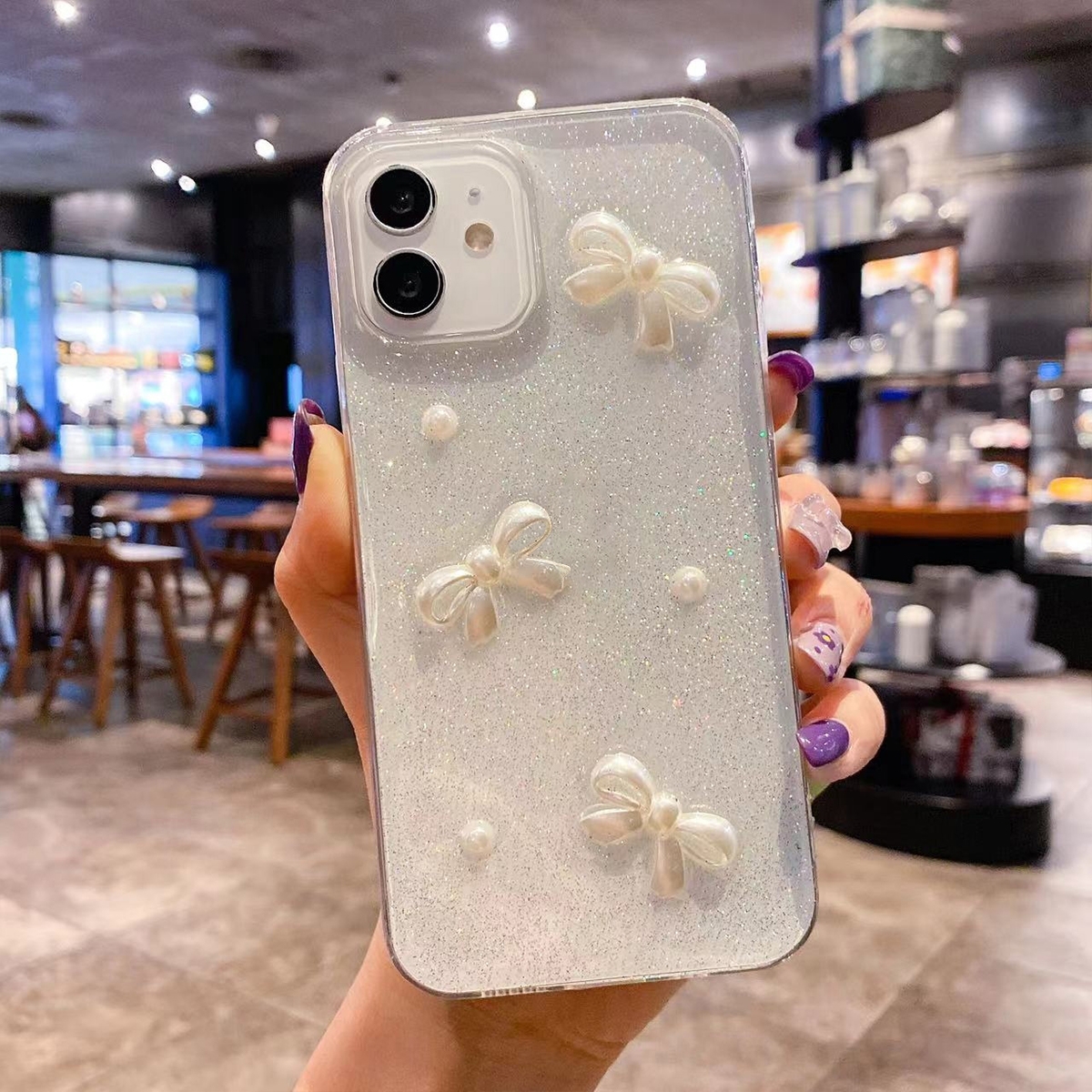For iPhone 13 Pro Pearl Bow Glitter Epoxy TPU Phone Case(Three Knots) - Shopkiz.com