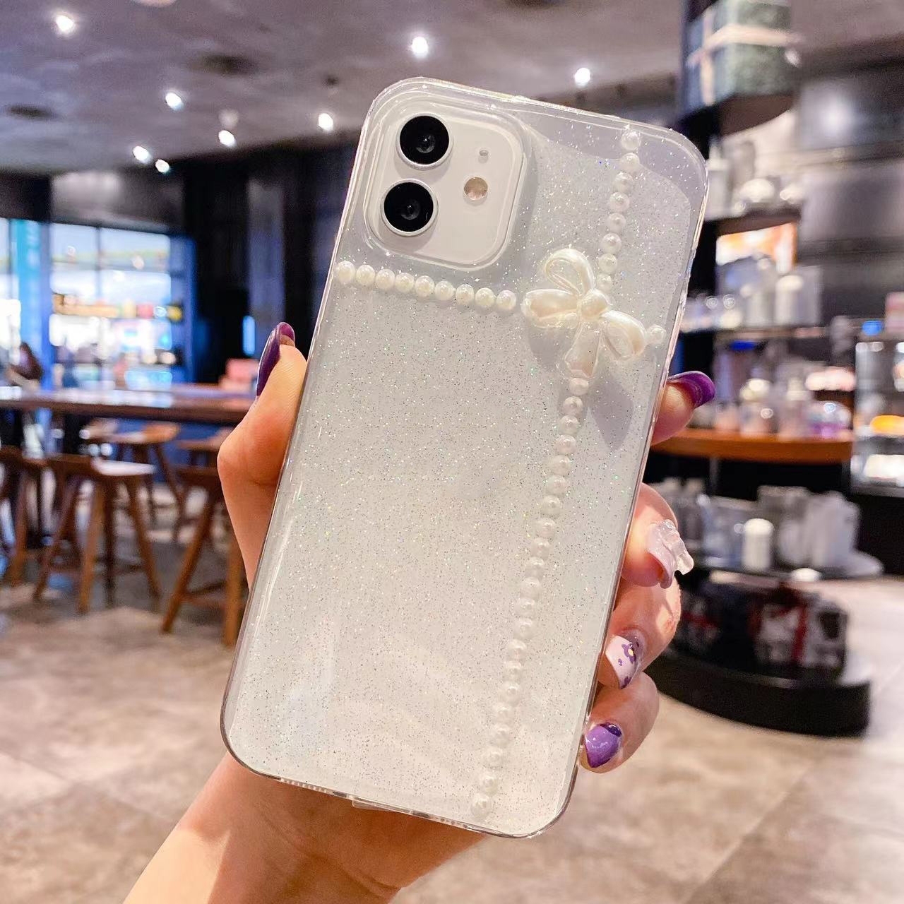For iPhone 13 Pearl Bow Glitter Epoxy TPU Phone Case(Cross Knot) - Shopkiz.com