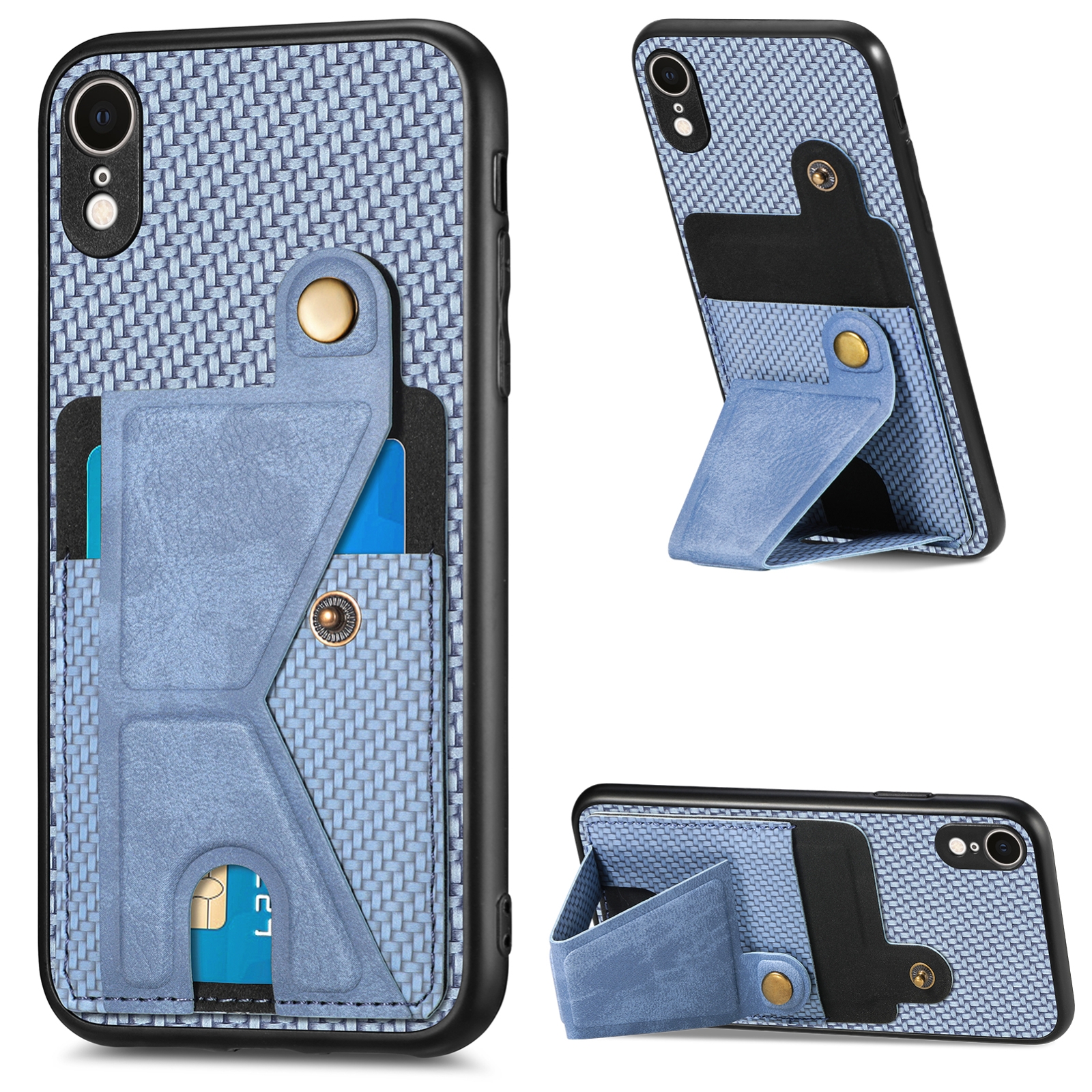 For iPhone XR Carbon Fiber Wallet Flip Card K-shaped Holder Phone Case(Blue) - Shopkiz.com
