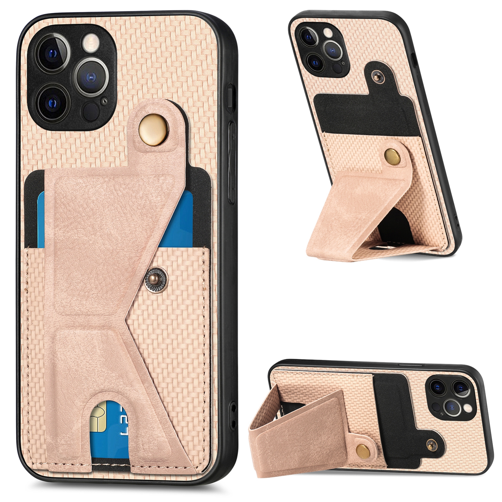 For iPhone 12 Pro Carbon Fiber Wallet Flip Card K-shaped Holder Phone Case(Khaki) - Shopkiz.com