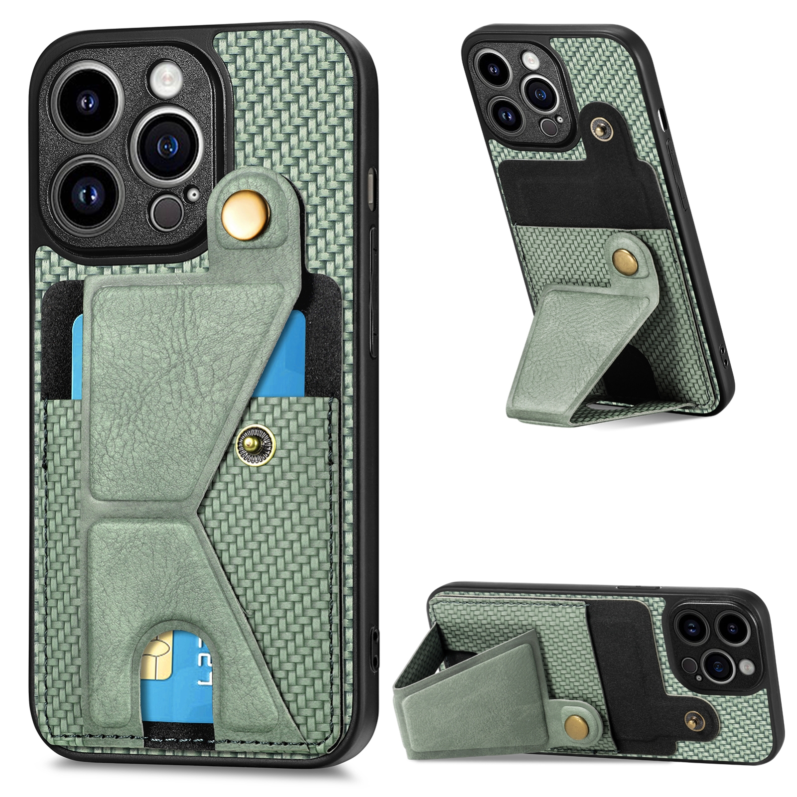 For iPhone 13 Pro Max Carbon Fiber Wallet Flip Card K-shaped Holder Phone Case(Green) - Shopkiz.com