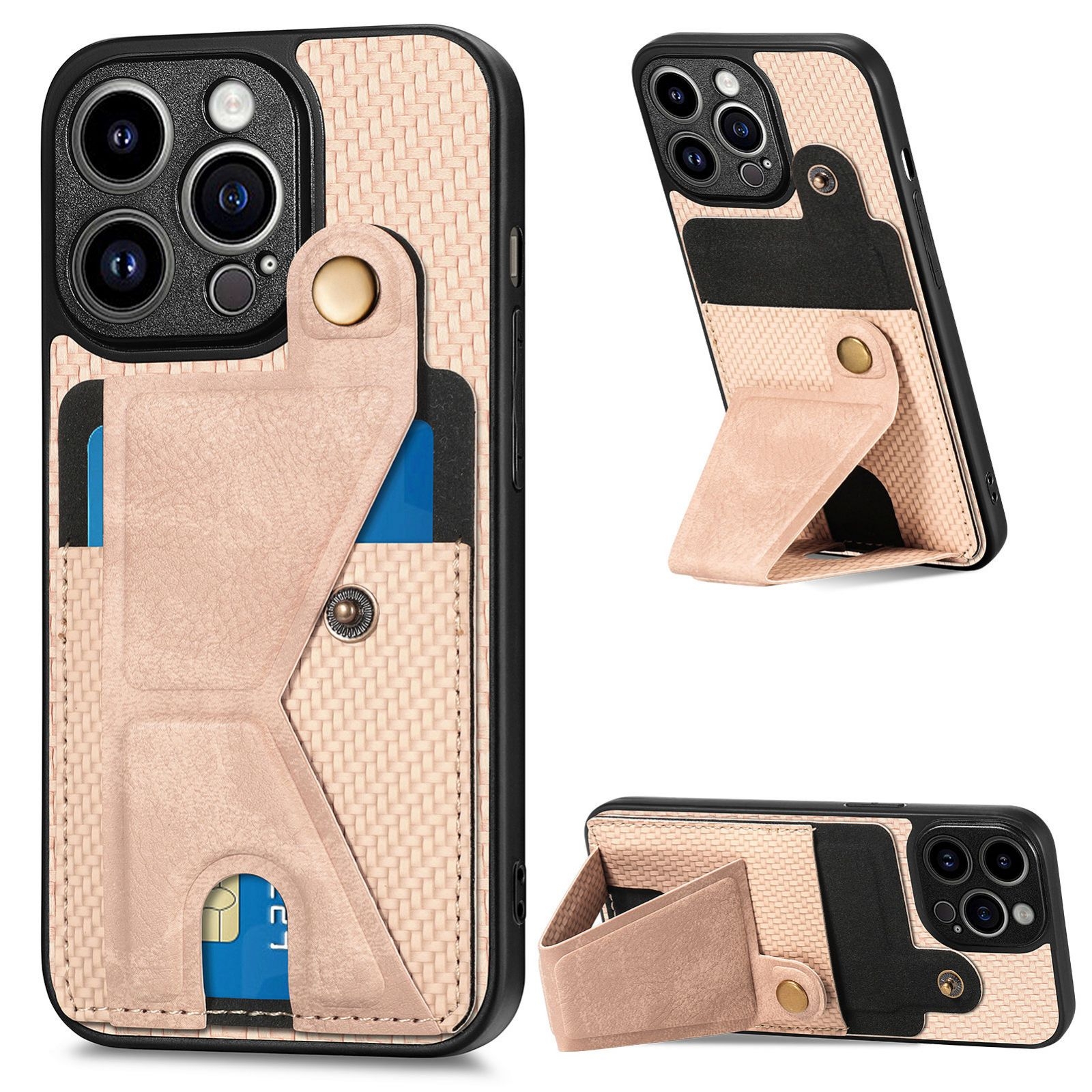 For iPhone 14 Pro Max Carbon Fiber Wallet Flip Card K-shaped Holder Phone Case(Khaki) - Shopkiz.com