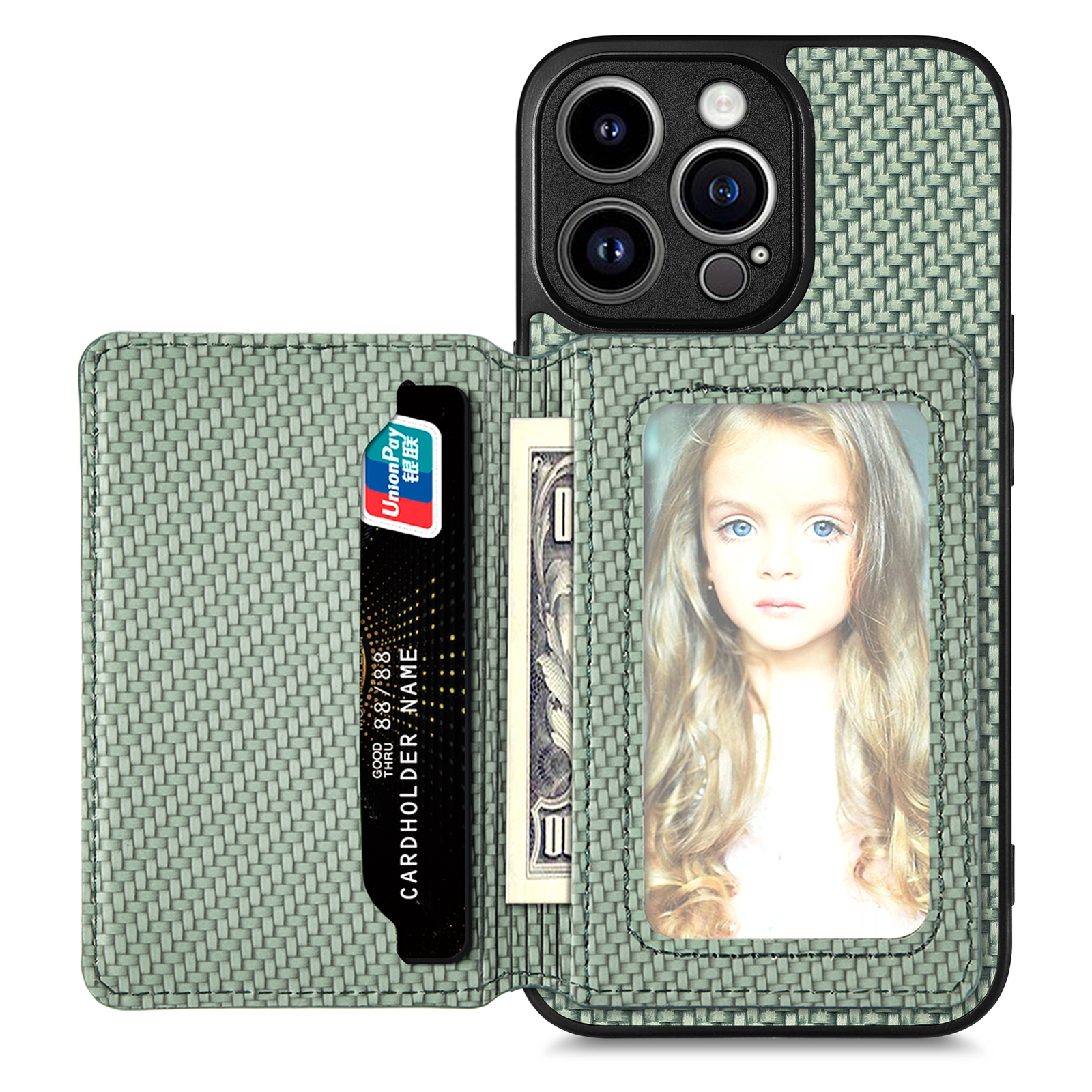 For iPhone 13 Pro Carbon Fiber Magnetic Card Bag Phone Case(Green) - Shopkiz.com
