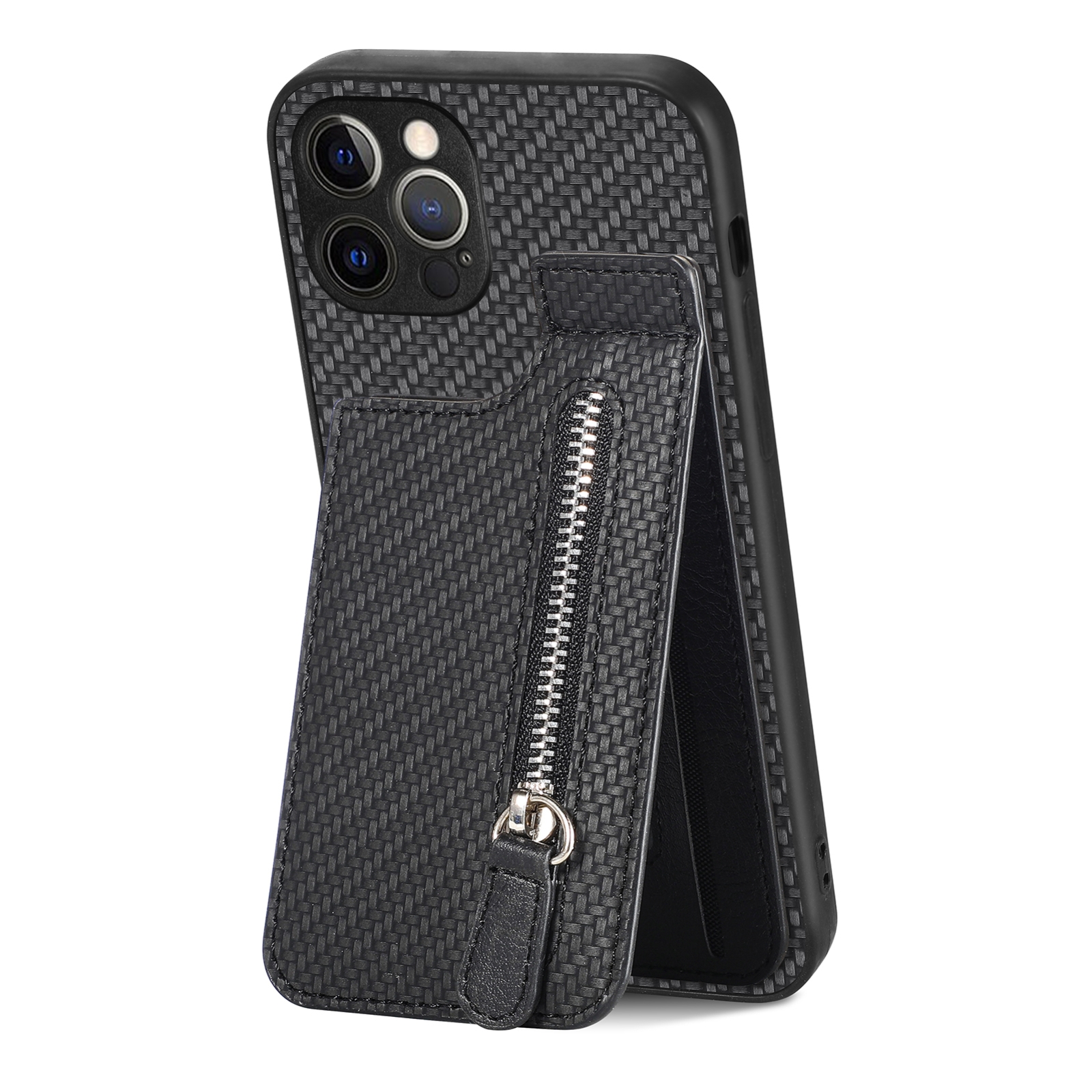 For iPhone 12 Pro Carbon Fiber Vertical Flip Zipper Phone Case(Black) - Shopkiz.com