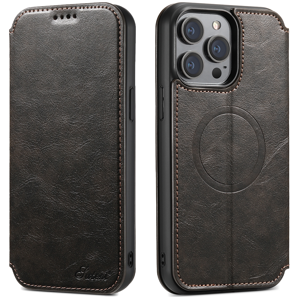 For iPhone 12 / 12 Pro Suteni J05 Leather Magnetic Magsafe Phone Case(Black) - Shopkiz.com