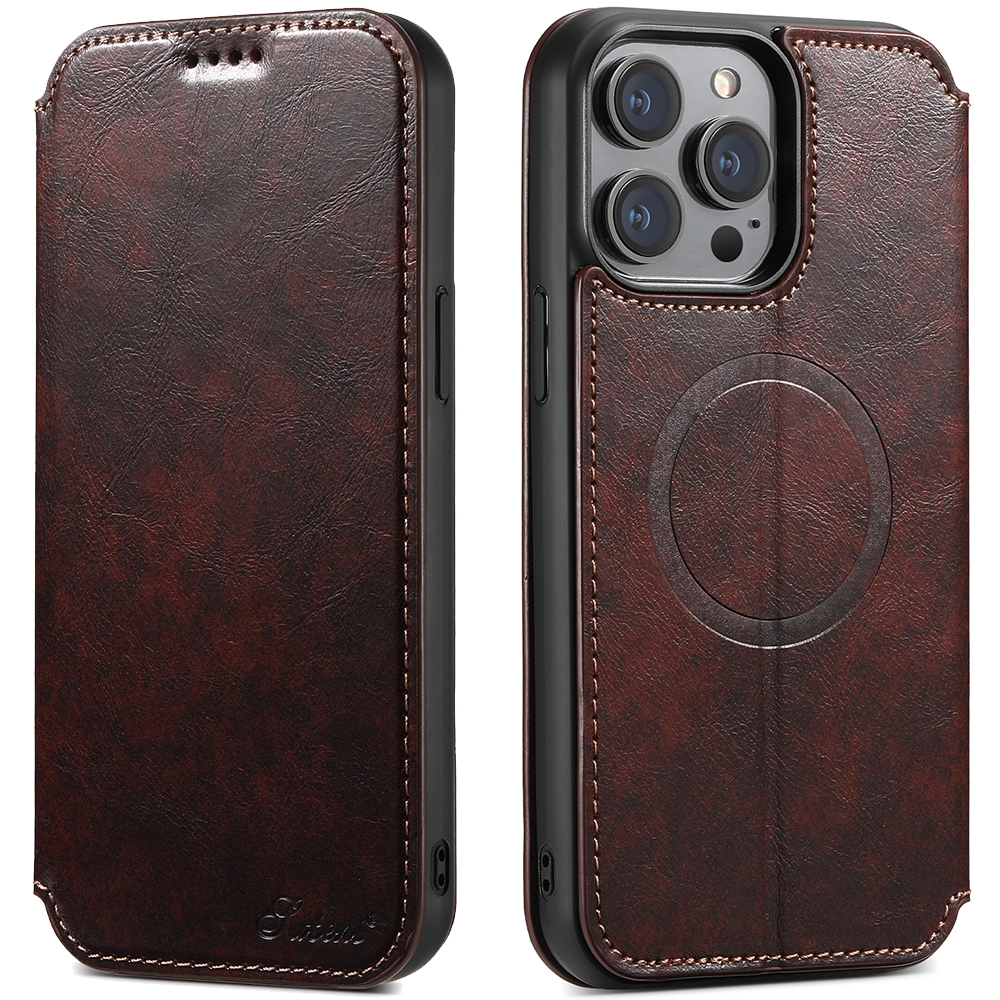 For iPhone 12 / 12 Pro Suteni J05 Leather Magnetic Magsafe Phone Case(Brown) - Shopkiz.com