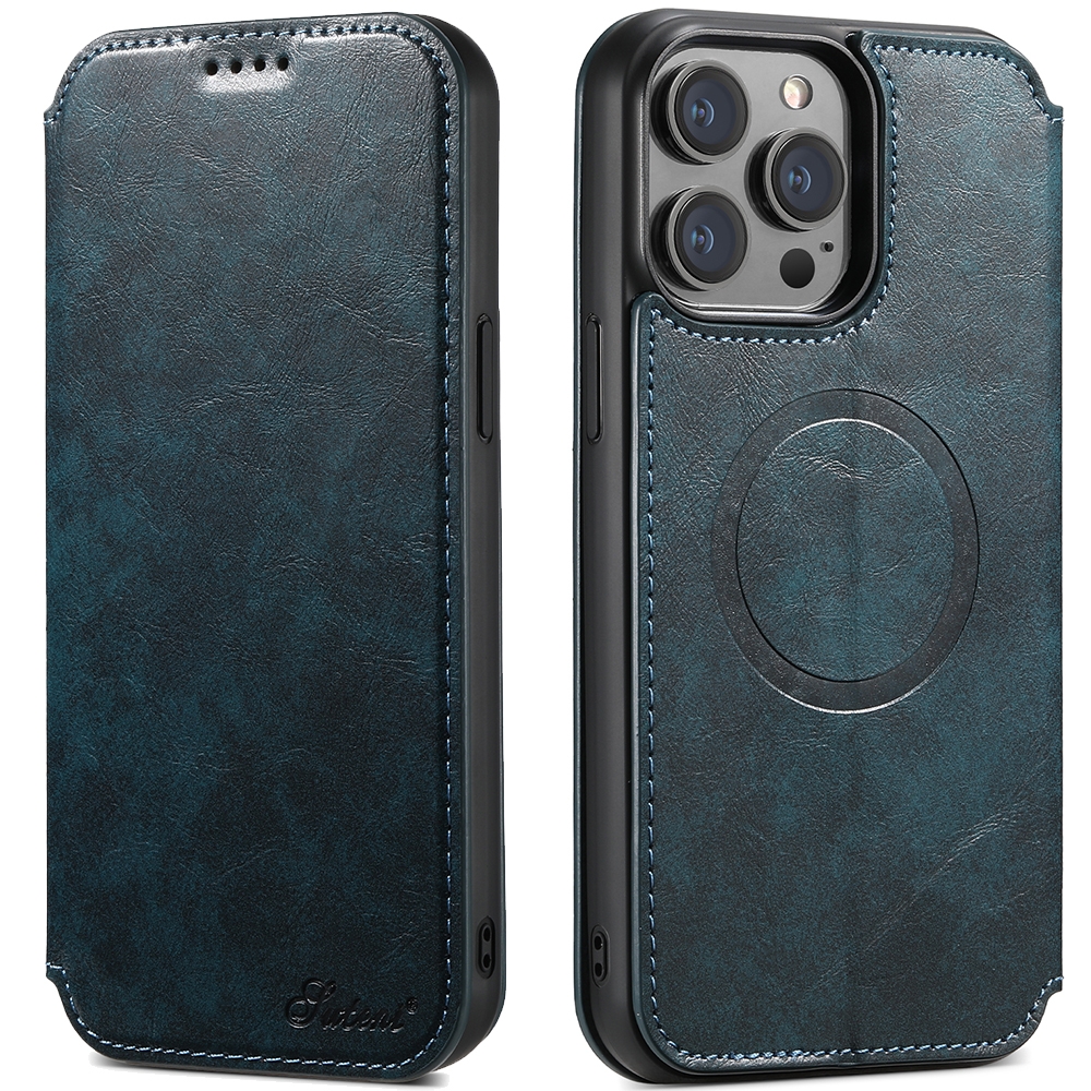 For iPhone 12 / 12 Pro Suteni J05 Leather Magnetic Magsafe Phone Case(Blue) - Shopkiz.com