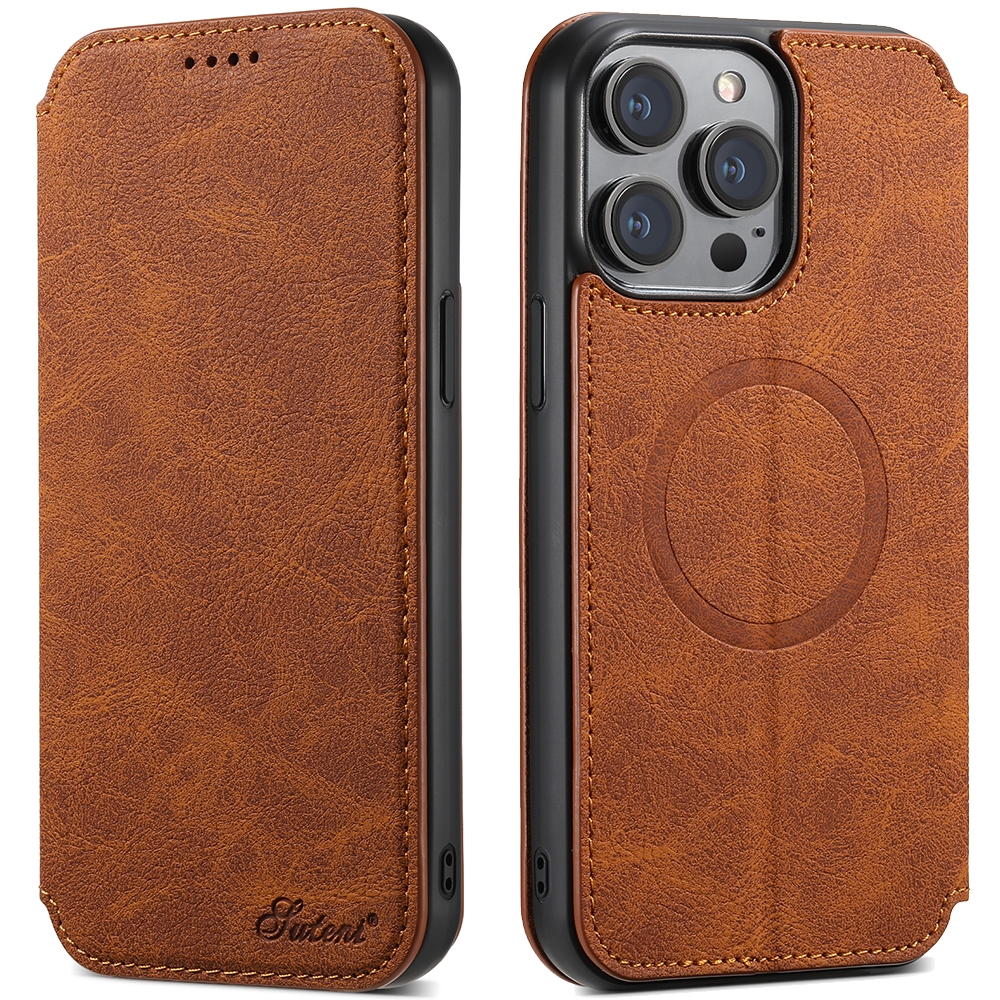 For iPhone 14 Pro Suteni J06 Retro Matte Litchi Texture Leather Magnetic Magsafe Phone Case(Khaki) - Shopkiz.com