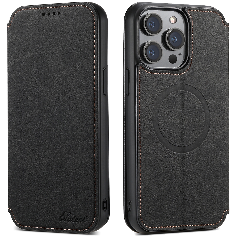 For iPhone 14 Plus Suteni J06 Retro Matte Litchi Texture Leather Magnetic Magsafe Phone Case(Black) - Shopkiz.com