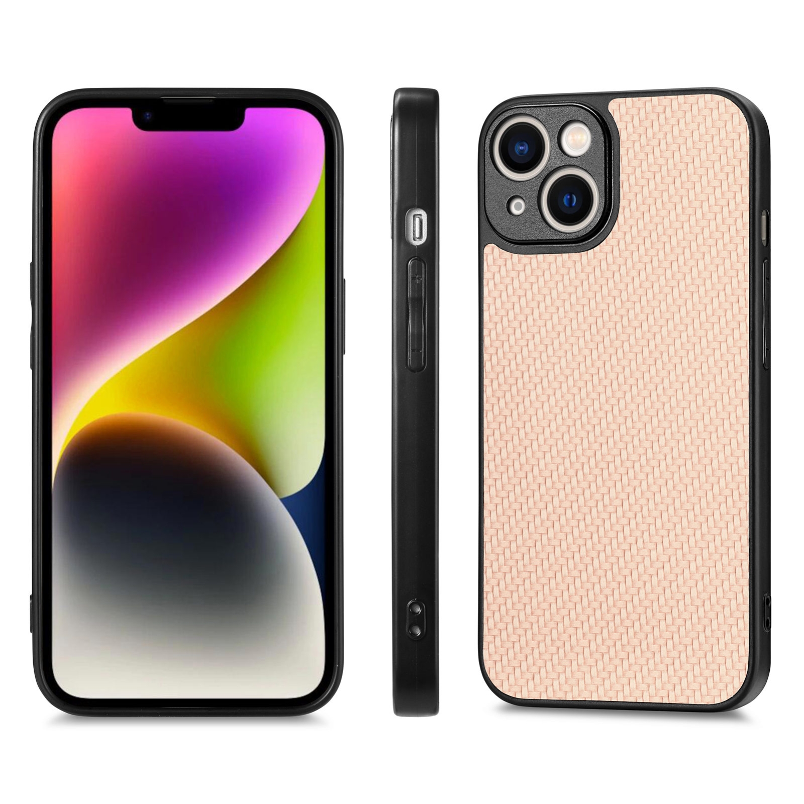 For iPhone 14 Plus Carbon Fiber Texture Leather Back Phone Case(Khaki) - Shopkiz.com