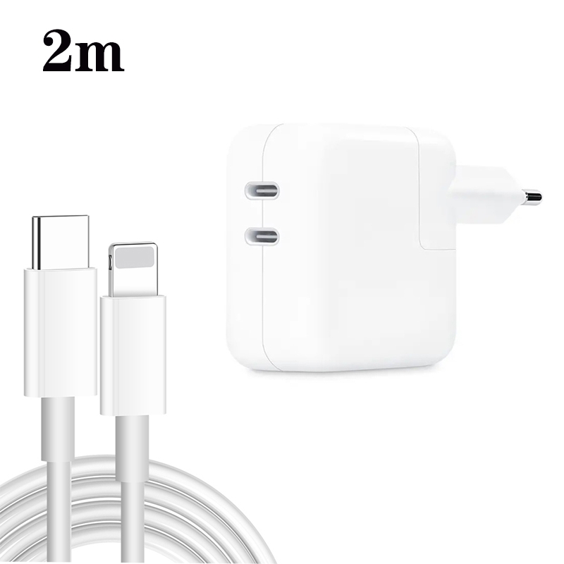 35W PD3.0 USB-C / Type-C Dual Port Charger with 2m Type-C to 8 Pin Data Cable, EU Plug - Shopkiz.com