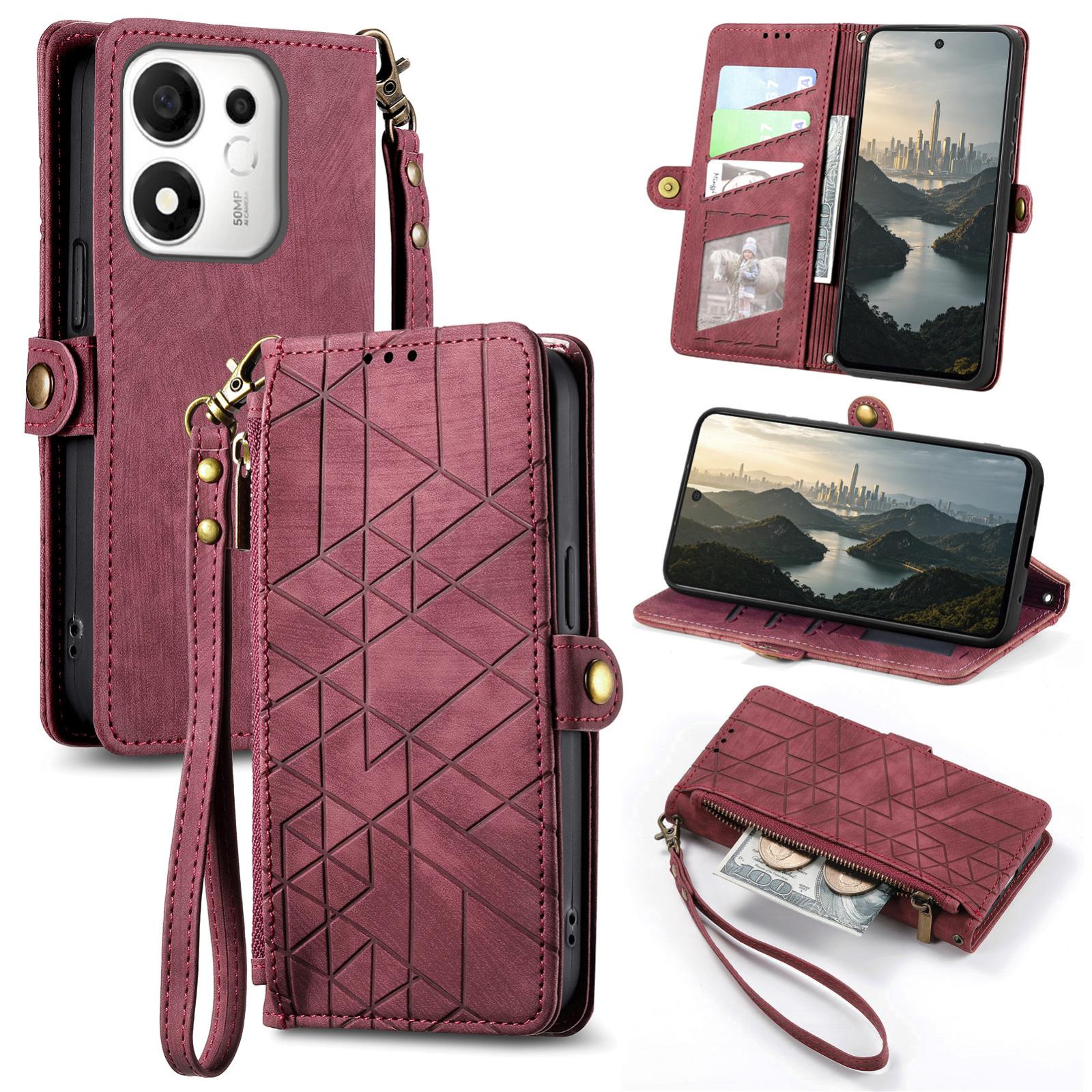 For Honor 600 Smart 5G Geometric Zipper Wallet Side Buckle Leather Phone Case(Red) - Shopkiz.com