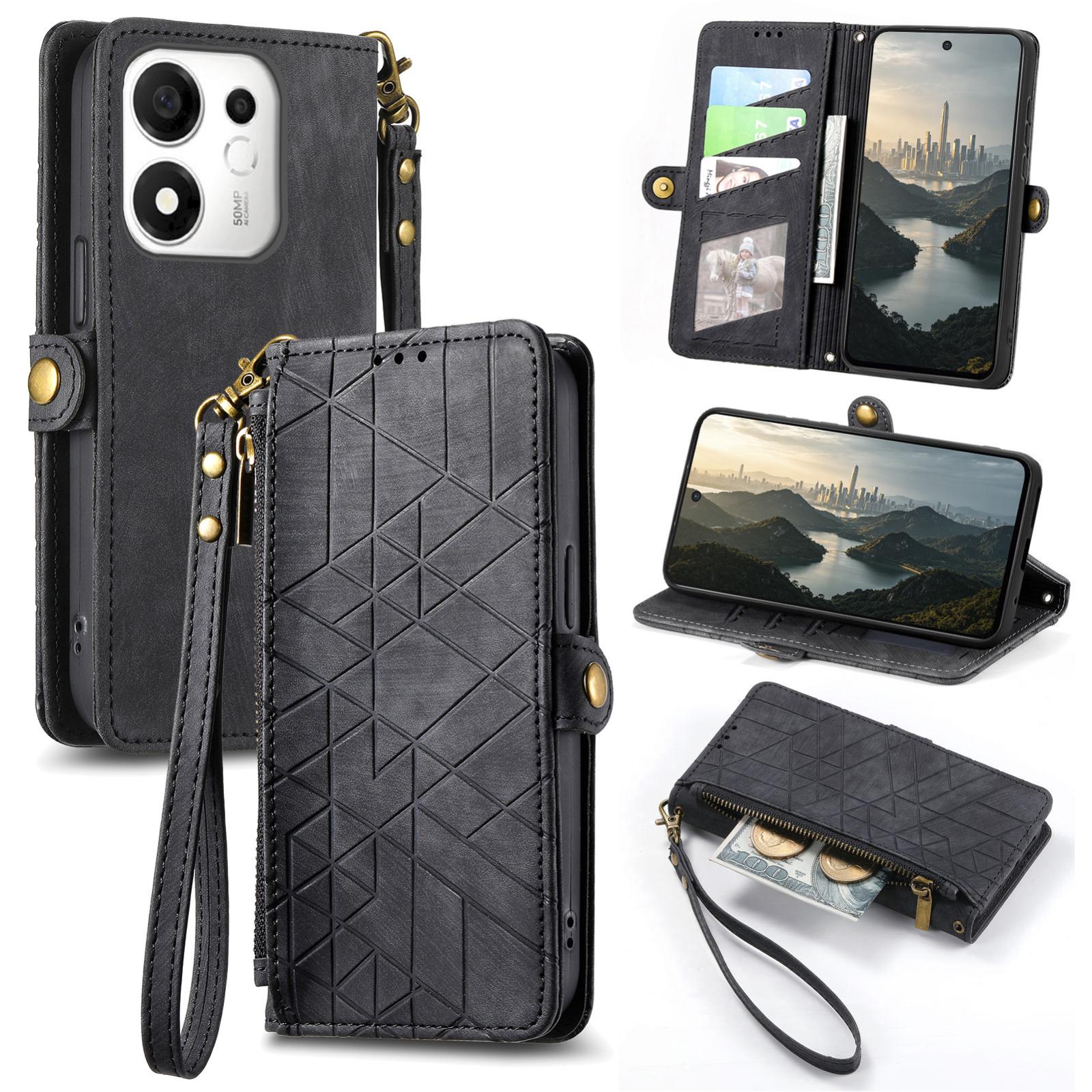 For Honor 600 Smart 5G Geometric Zipper Wallet Side Buckle Leather Phone Case(Black) - Shopkiz.com