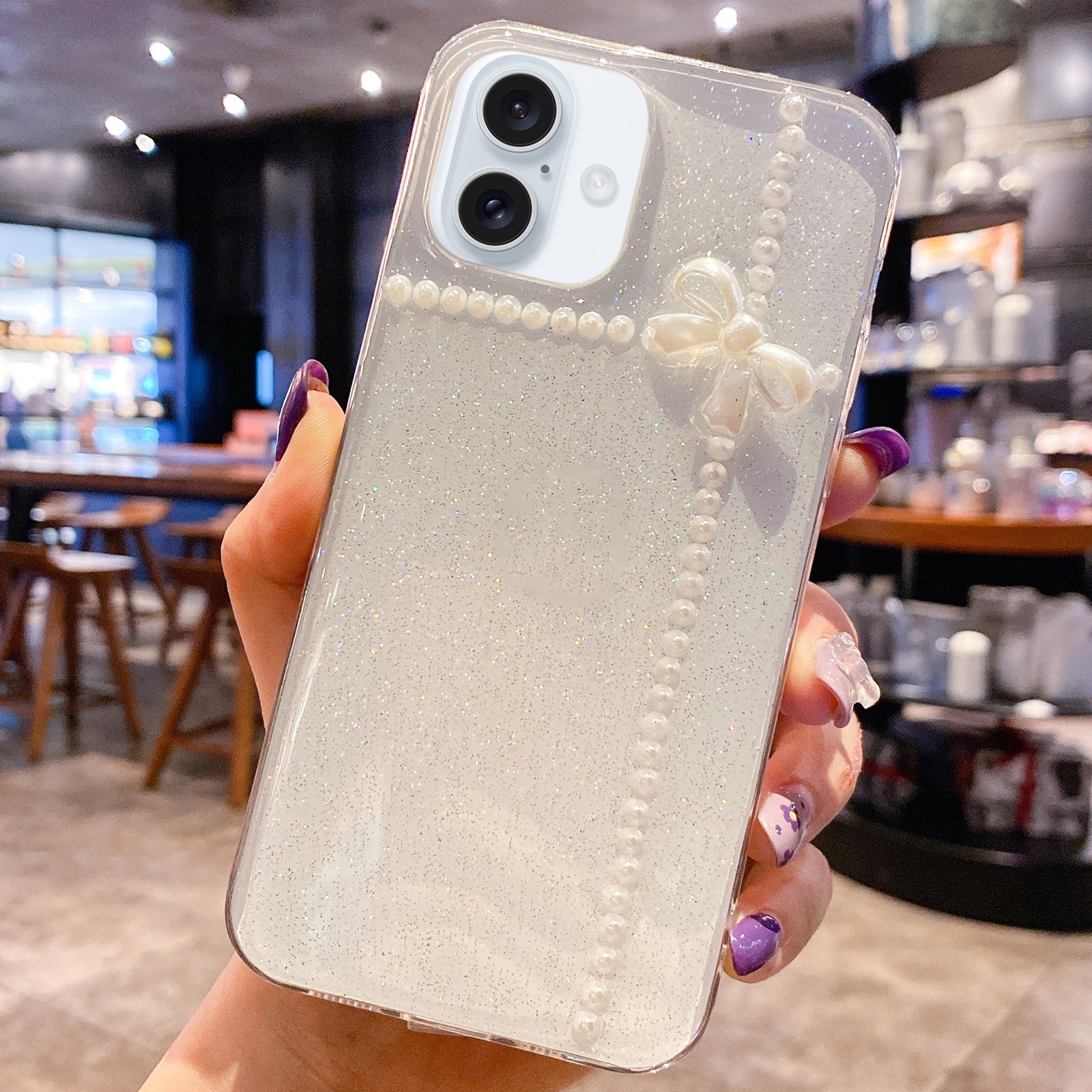For iPhone 16 Plus Pearl Bow Glitter Epoxy TPU Phone Case(Cross Knots) - Shopkiz.com