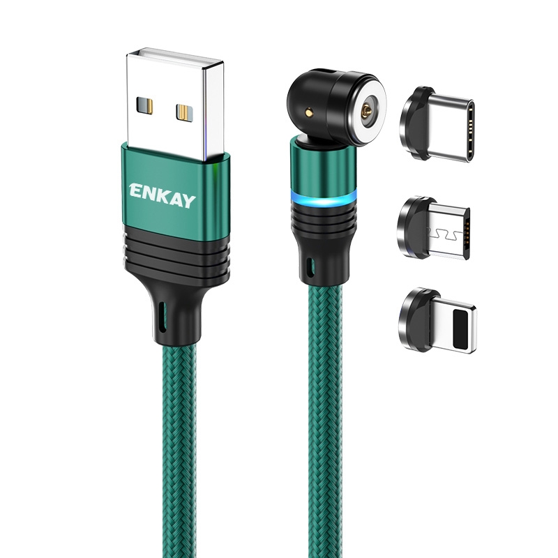 ENKAY 3 in 1 2.4A USB to Type-C / 8 Pin / Micro USB Magnetic 540 Degrees Rotating Charging Cable, Length:1m(Green) - Shopkiz.com