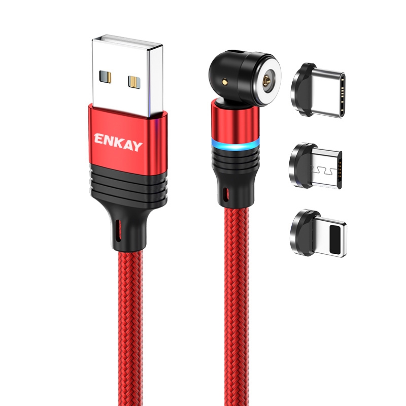 ENKAY 3 in 1 2.4A USB to Type-C / 8 Pin / Micro USB Magnetic 540 Degrees Rotating Charging Cable, Length:1m(Red) - Shopkiz.com