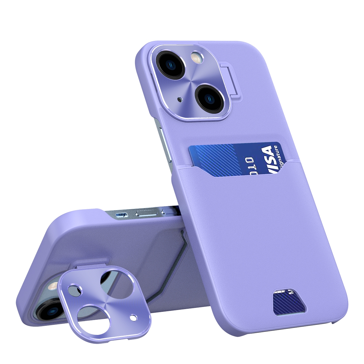 For iPhone 15 Two-Color Invisible Lens Holder Phone Case(Purple) - Shopkiz.com