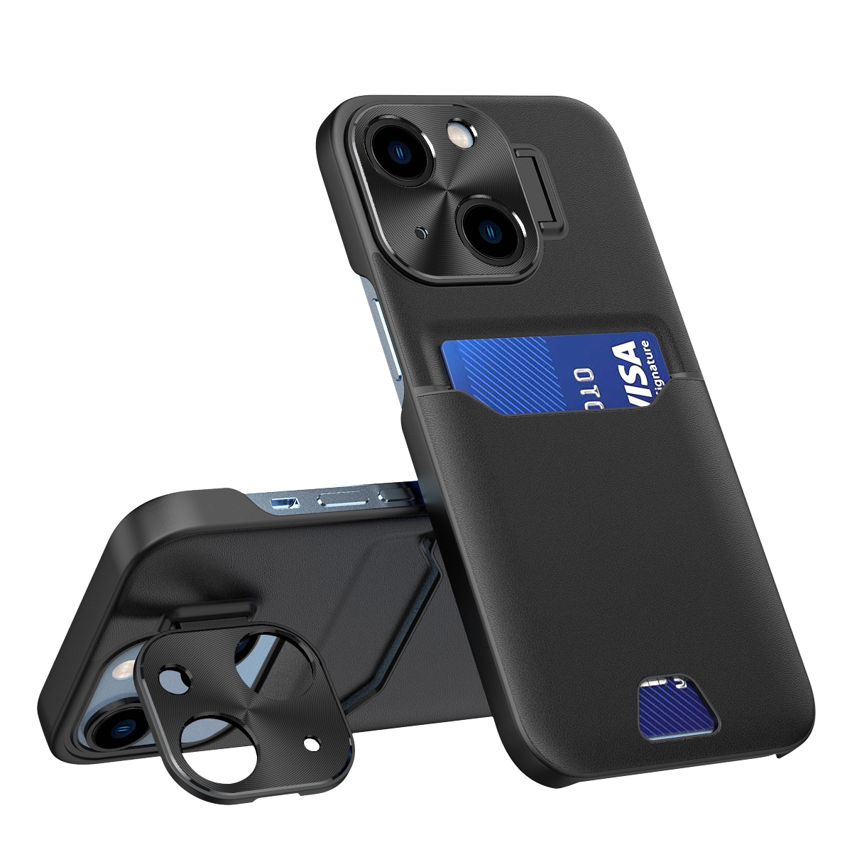 For iPhone 15 Plus Two-Color Invisible Lens Holder Phone Case(Black) - Shopkiz.com