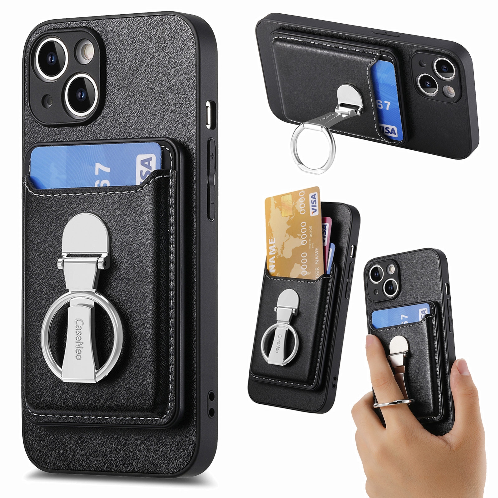 For iPhone 15 Plus Skin Feel Ring Holder Wallet Magnetic Phone Case(Black) - Shopkiz.com