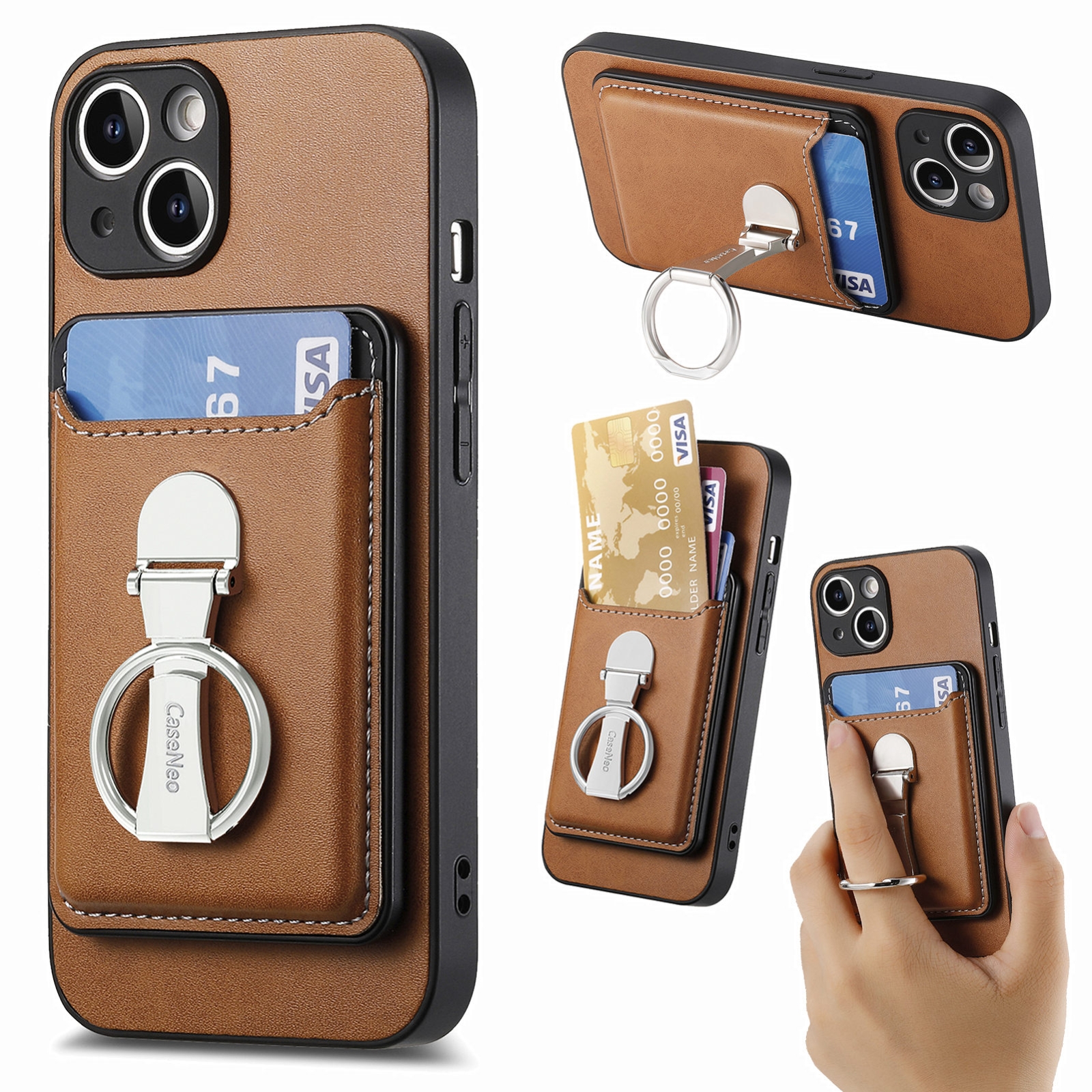 For iPhone 15 Plus Skin Feel Ring Holder Wallet Magnetic Phone Case(Brown) - Shopkiz.com