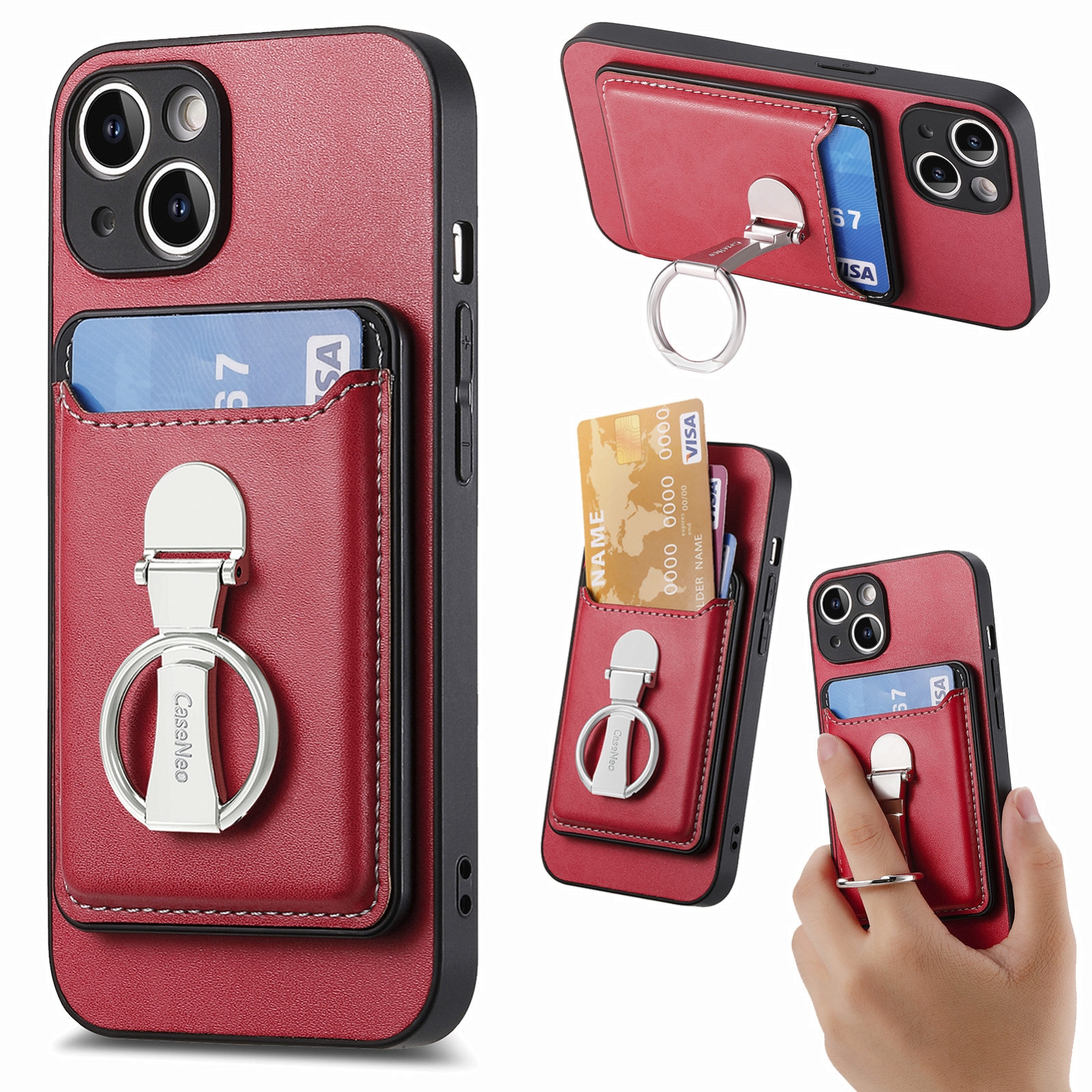 For iPhone 15 Plus Skin Feel Ring Holder Wallet Magnetic Phone Case(Red) - Shopkiz.com