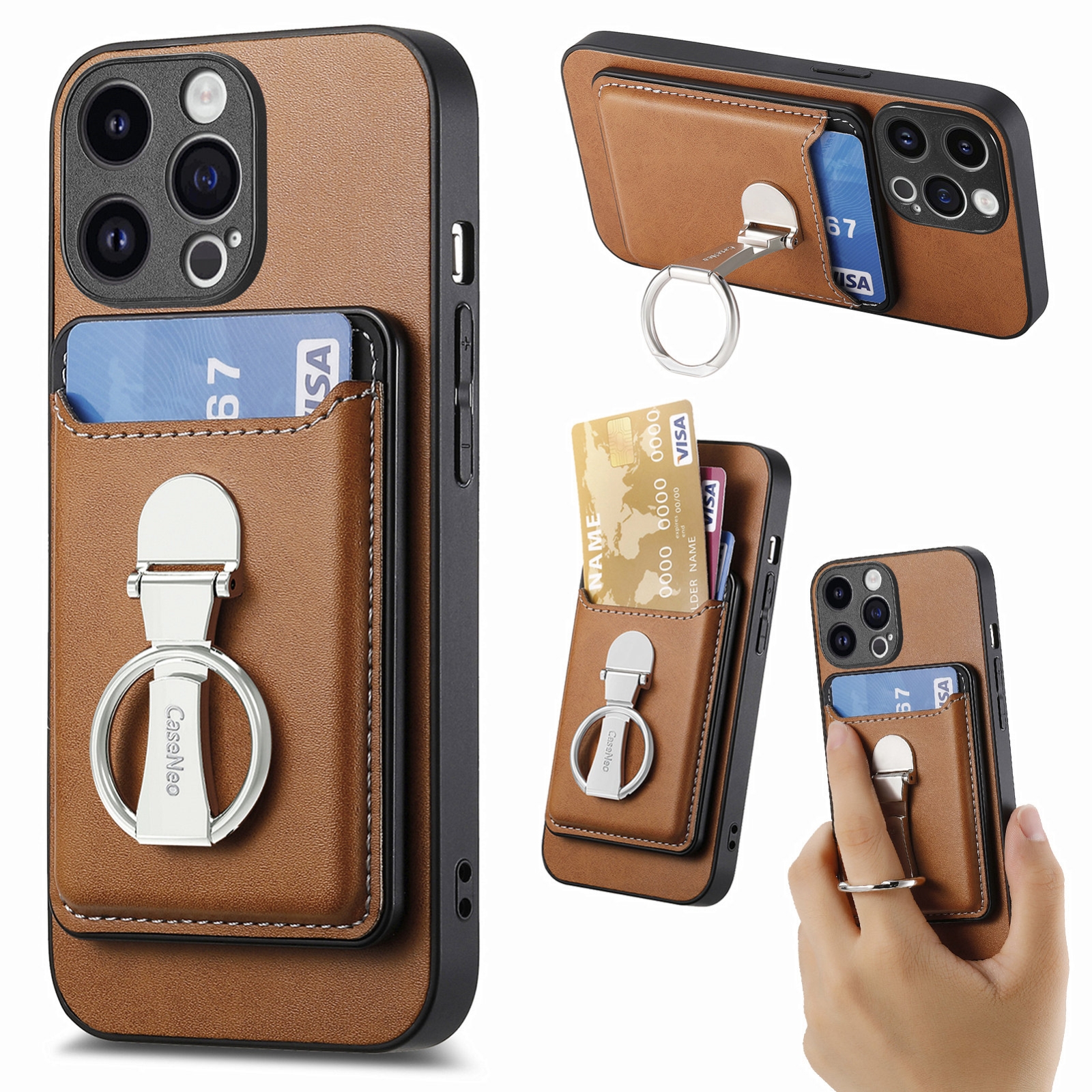 For iPhone 15 Pro Skin Feel Ring Holder Wallet Magnetic Phone Case(Brown) - Shopkiz.com