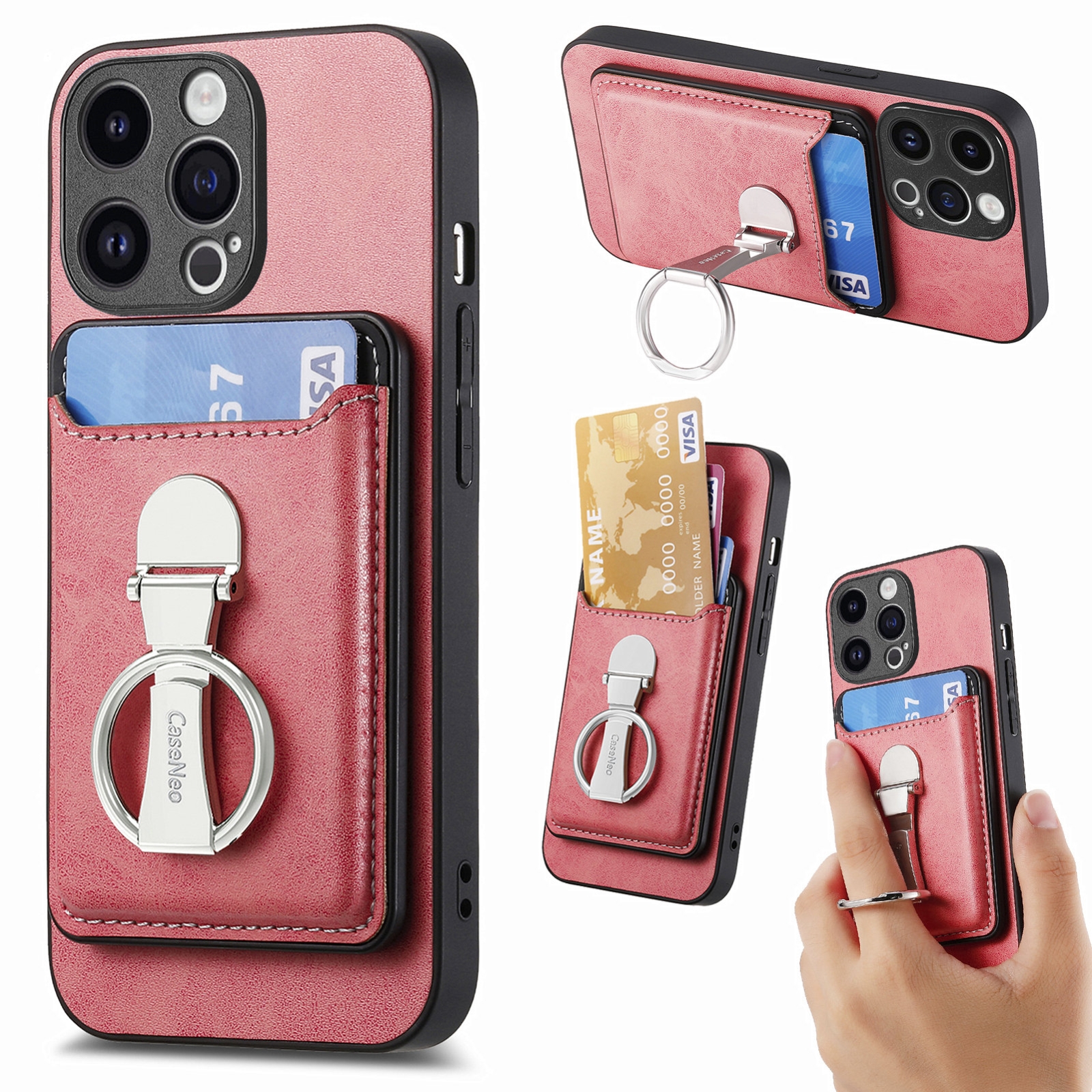 For iPhone 15 Pro Skin Feel Ring Holder Wallet Magnetic Phone Case(Pink) - Shopkiz.com