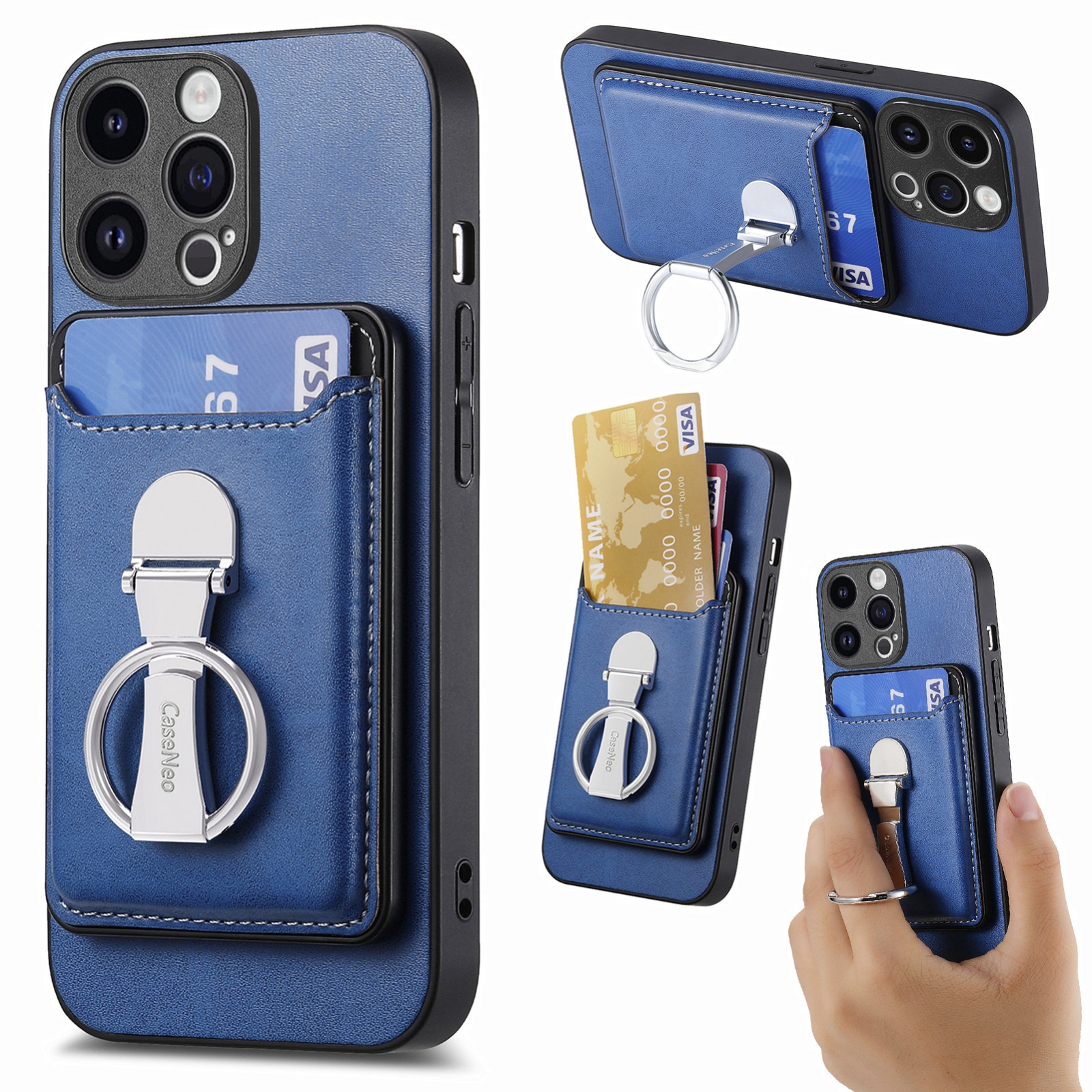 For iPhone 15 Pro Skin Feel Ring Holder Wallet Magnetic Phone Case(Blue) - Shopkiz.com