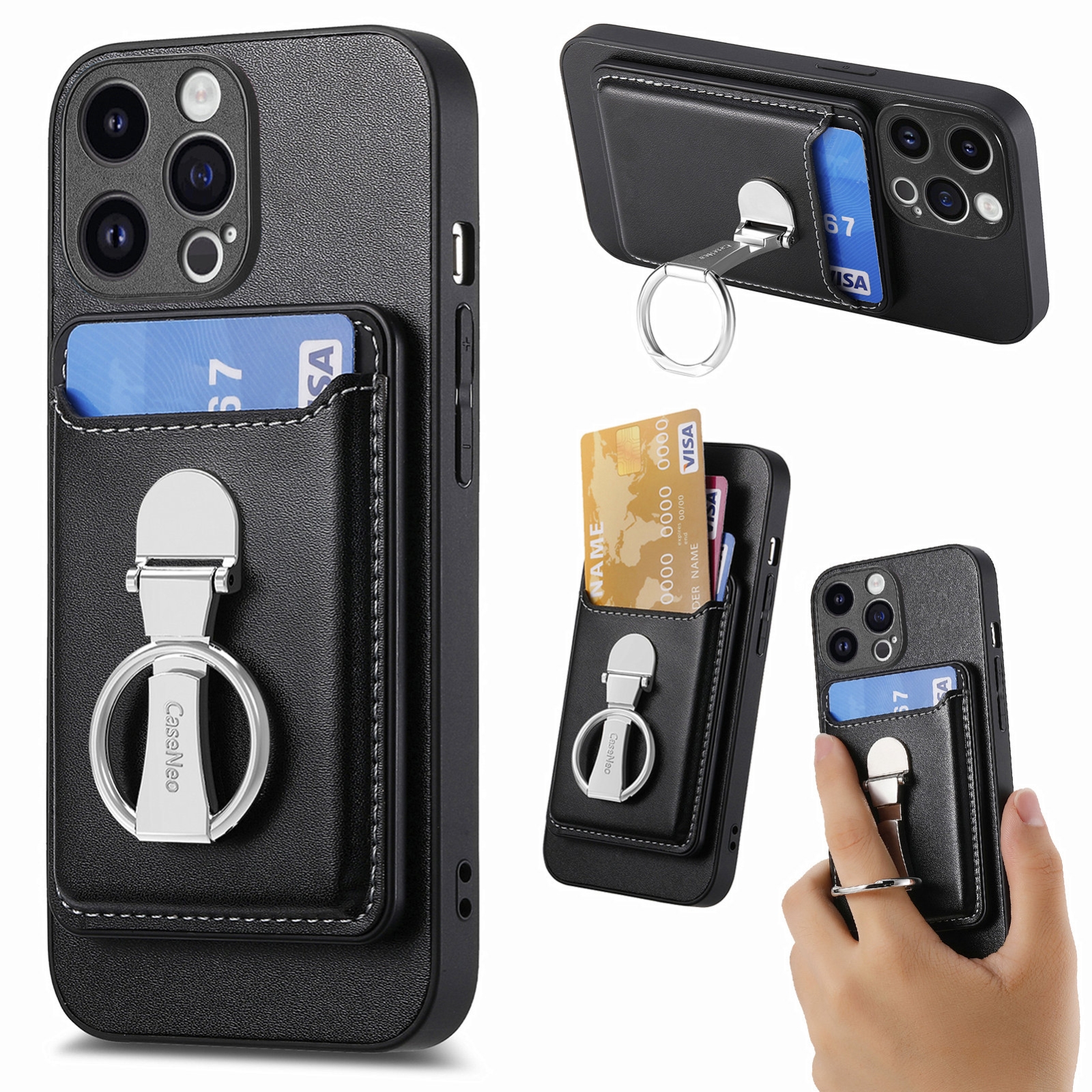 For iPhone 15 Skin Feel Ring Holder Wallet Magnetic Phone Case(Black) - Shopkiz.com