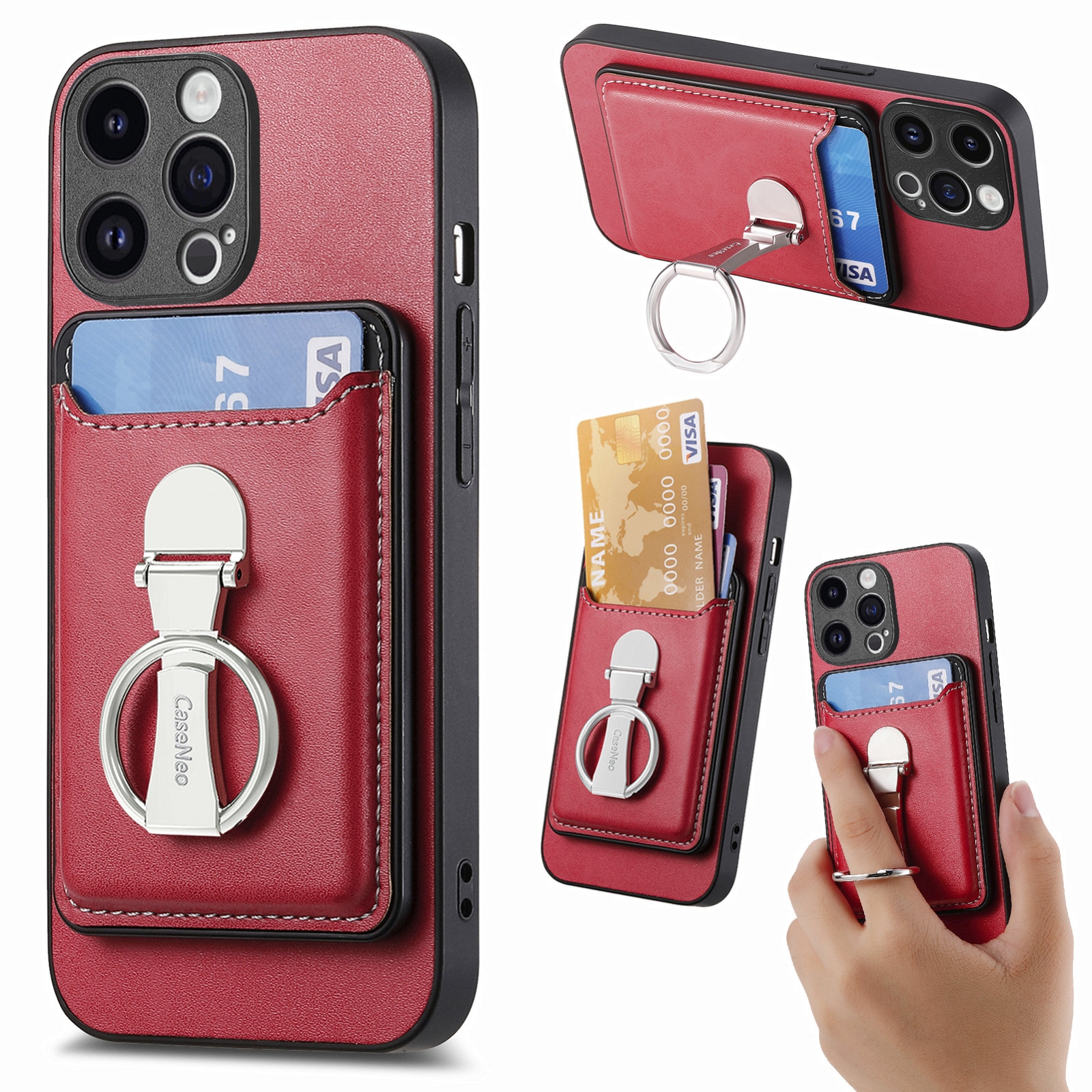 For iPhone 15 Skin Feel Ring Holder Wallet Magnetic Phone Case(Red) - Shopkiz.com