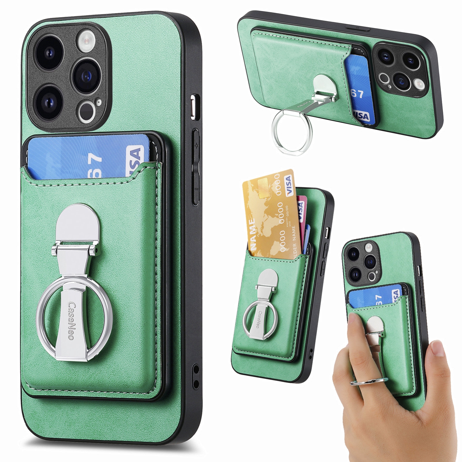 For iPhone 15 Pro Max Skin Feel Ring Holder Wallet Magnetic Phone Case(Green) - Shopkiz.com