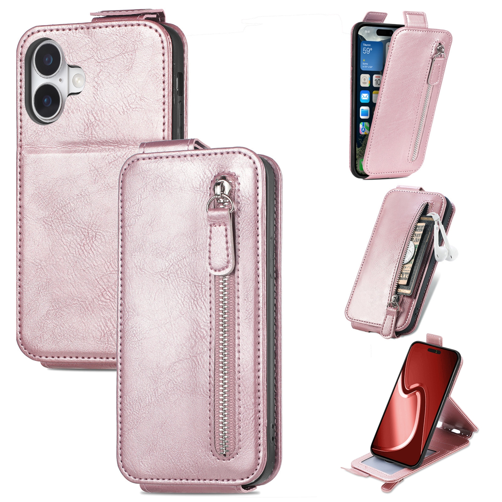 For iPhone 16 Zipper Wallet Vertical Flip Leather Phone Case(Rose Gold) - Shopkiz.com