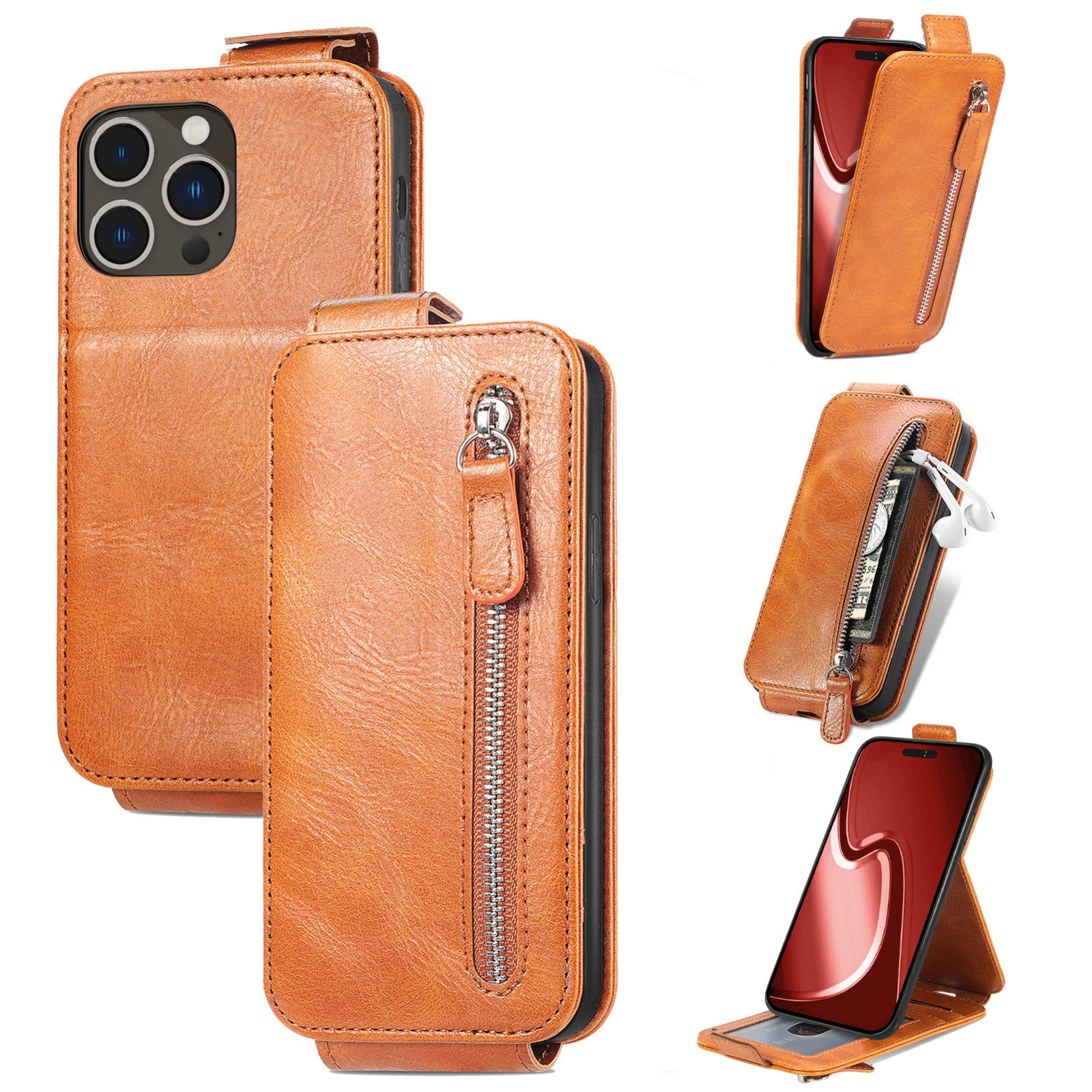 For iPhone 16 Pro Zipper Wallet Vertical Flip Leather Phone Case(Brown) - Shopkiz.com