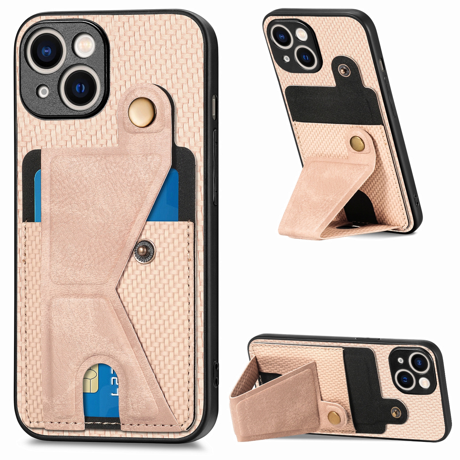 For iPhone 15 Carbon Fiber Wallet Flip Card K-shaped Holder Phone Case(Khaki) - Shopkiz.com