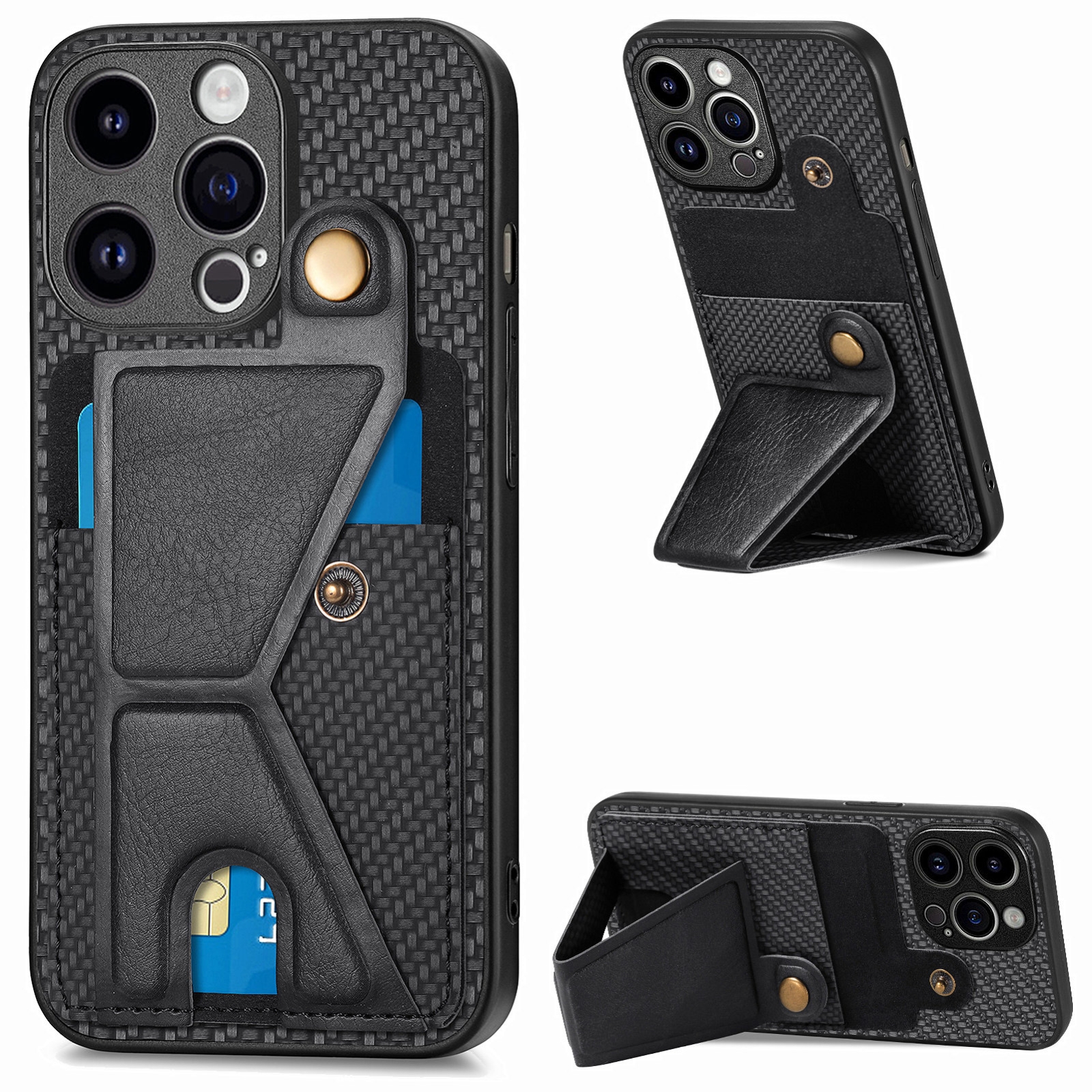 For iPhone 15 Pro Carbon Fiber Wallet Flip Card K-shaped Holder Phone Case(Black) - Shopkiz.com