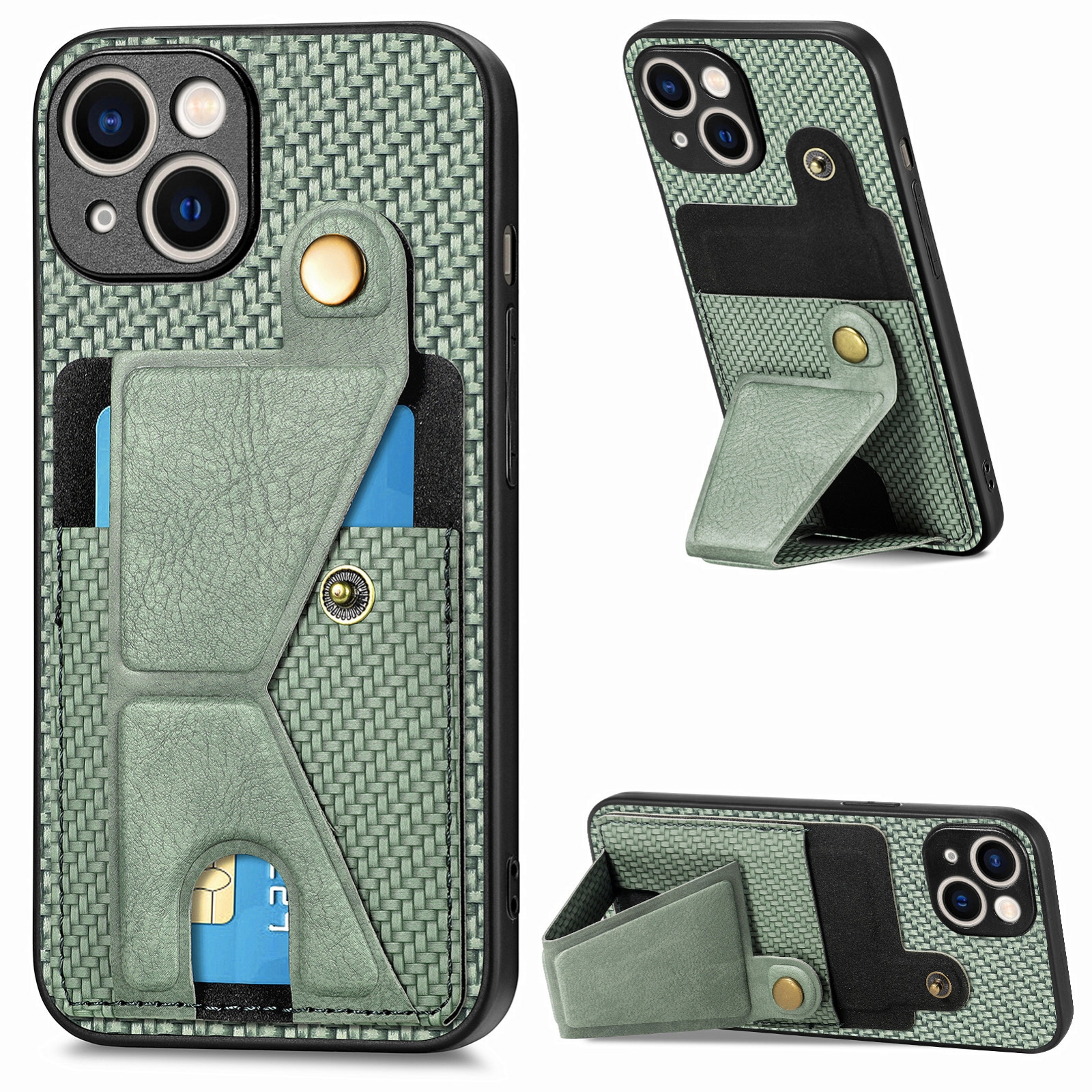For iPhone 15 Plus Carbon Fiber Wallet Flip Card K-shaped Holder Phone Case(Green) - Shopkiz.com