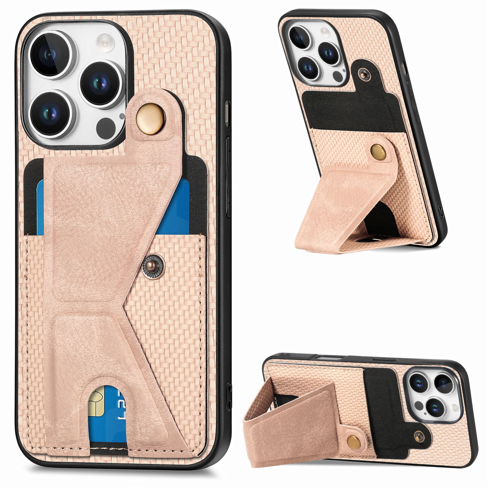 For iPhone 16 Pro Max Carbon Fiber Wallet Flip Card K-shaped Holder Phone Case(Khaki) - Shopkiz.com