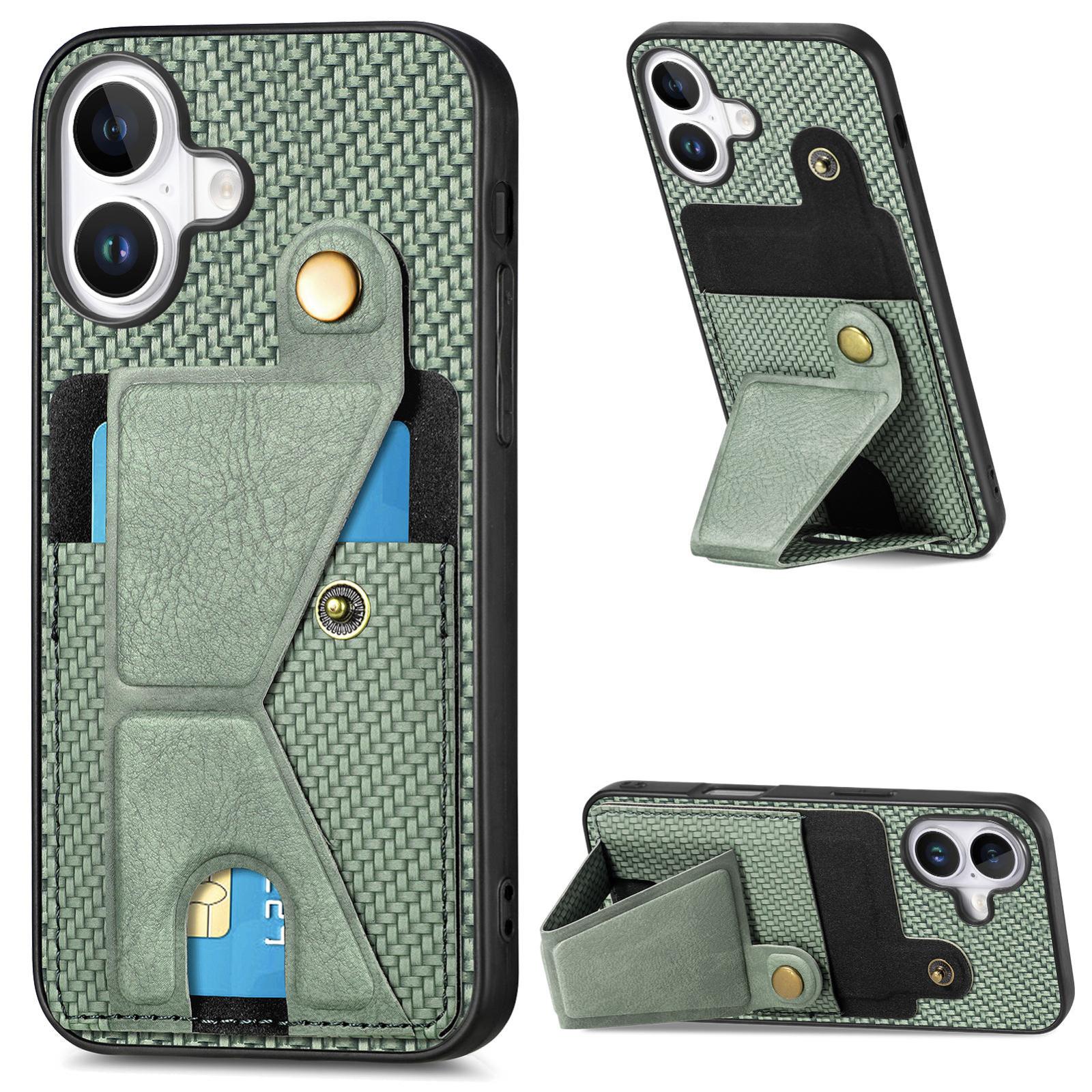 For iPhone 17 Carbon Fiber Wallet Flip Card K-shaped Holder Phone Case(Green) - Shopkiz.com