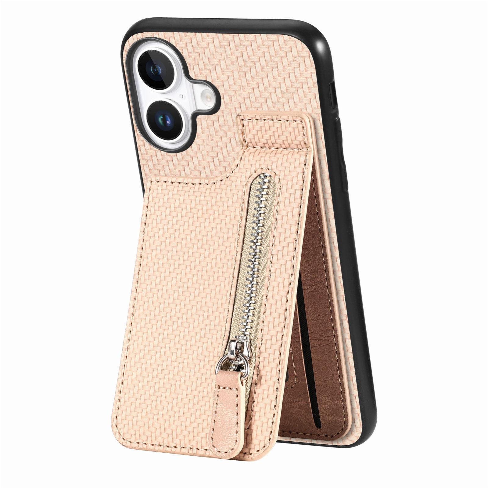 For iPhone 17 Carbon Fiber Vertical Flip Zipper Phone Case(Khaki) - Shopkiz.com