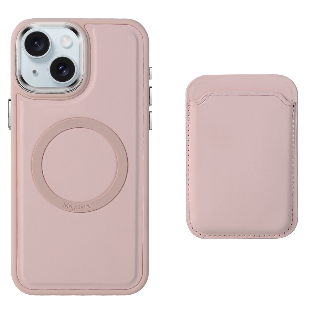 For iPhone 15 Plus Imitation Liquid Skin Feel Plating Magsafe Card Bag Phone Case(Pink) - Shopkiz.com